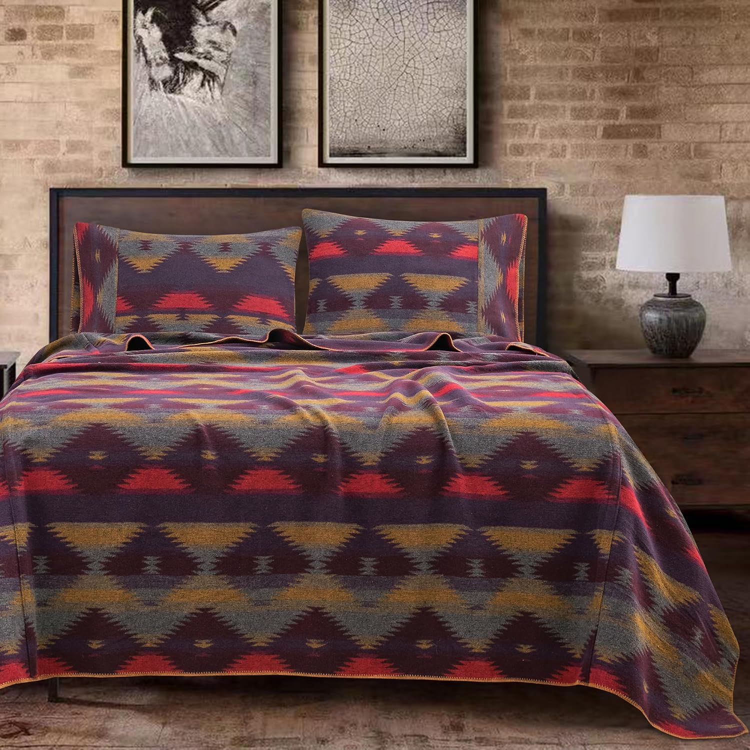 Paseo Road Gila Wool Blend Western Blanket Set, 2 Piece Twin Purple Geometric Print Aztec Blanket, Southwestern Tribal Indian Modern Rustic Warm Blanket Set with Pillow Sham