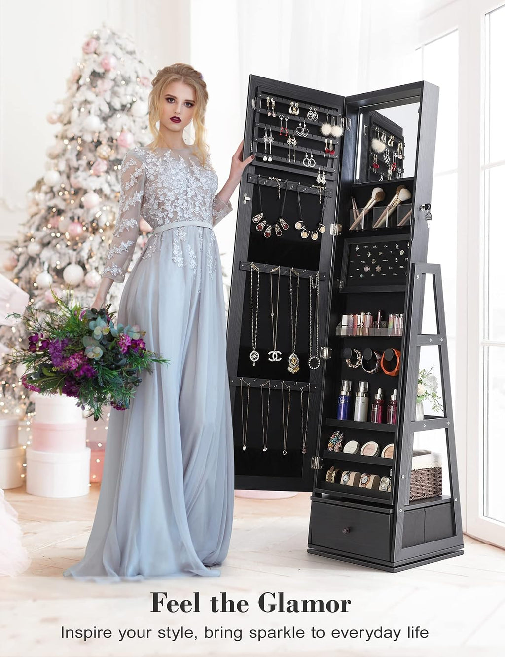 Nicetree 360° Swivel Jewelry Cabinet with Lights, Touch Screen Vanity Mirror, Rotatable Full Length Mirror with Jewelry Storage, Standing Jewelry Armoire Organizer, Foldable Makeup Shelf, Black