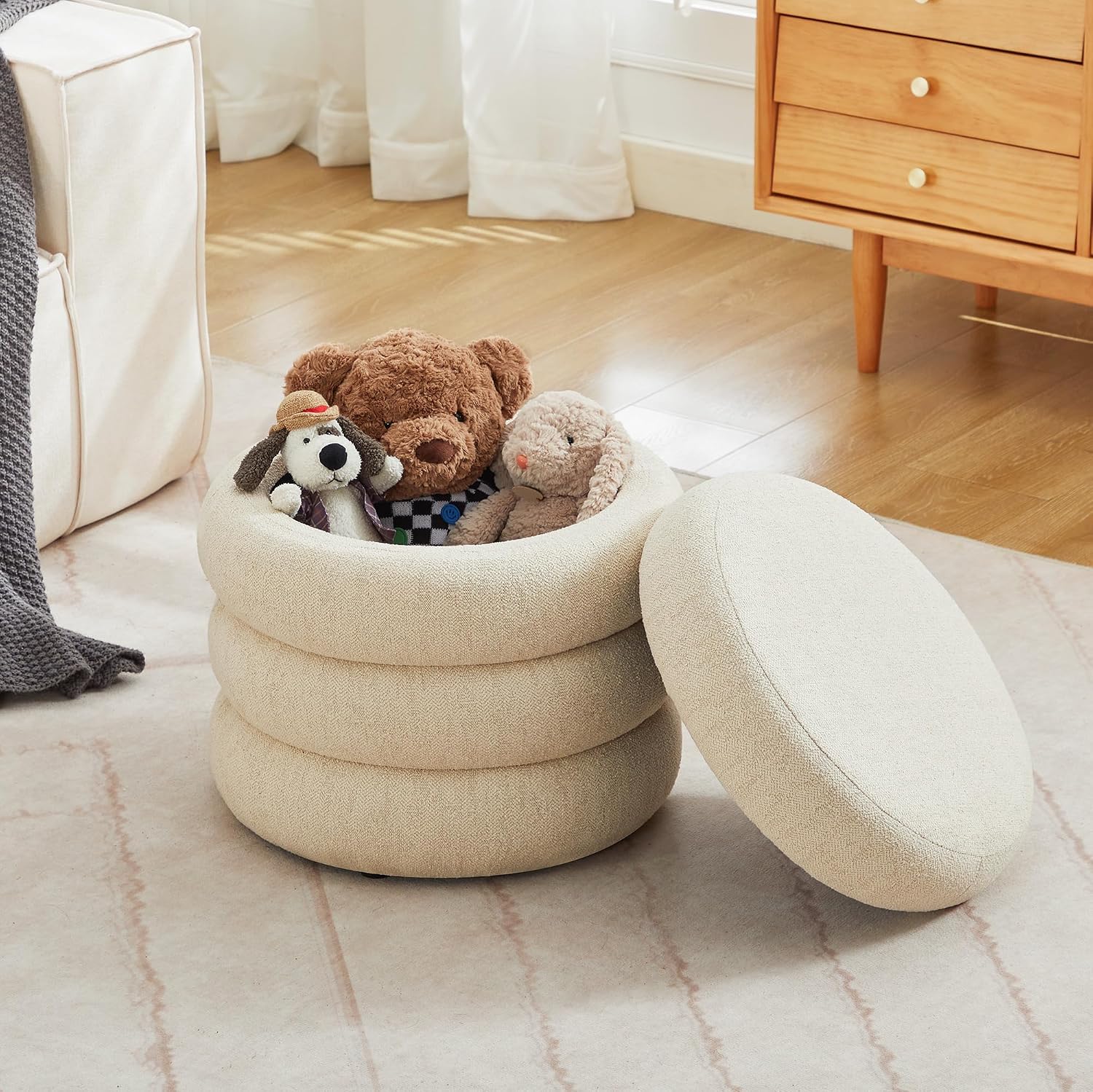 19.5 Inch Round Storage Ottoman, Modern Linen Ottoman Coffee Table with Removable Top, Beige Vanity Stool with Storage for Bedroom, Living Room, Dorm, Set of 1