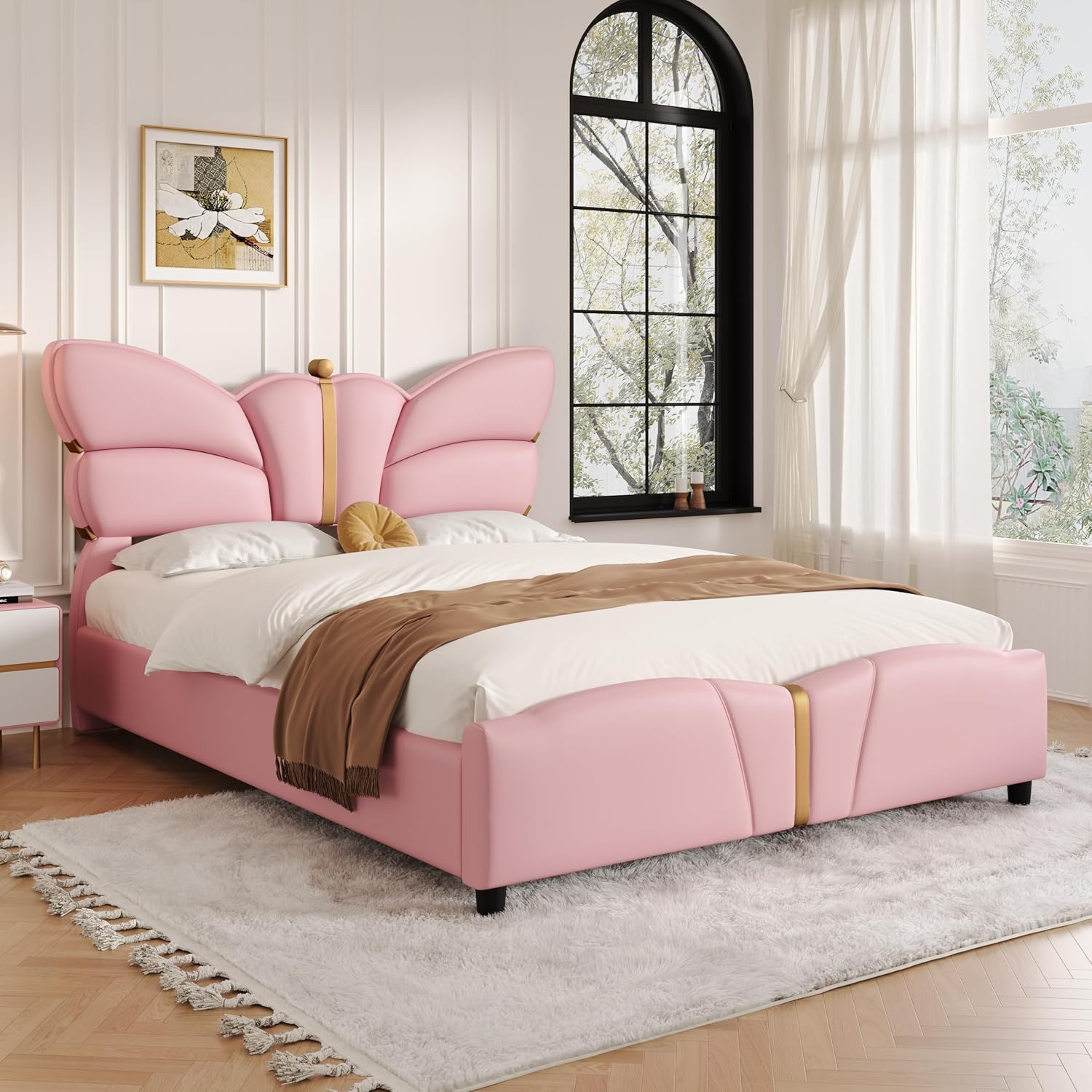 Merax PU Leather Upholstered Platform Bed with Butterfly Shaped Headboard and Footboard, Full Size Bed Frame for Bedroom, Solid Wood Slats Support, No Box Spring Needed, Easy Assembly, Light Pink