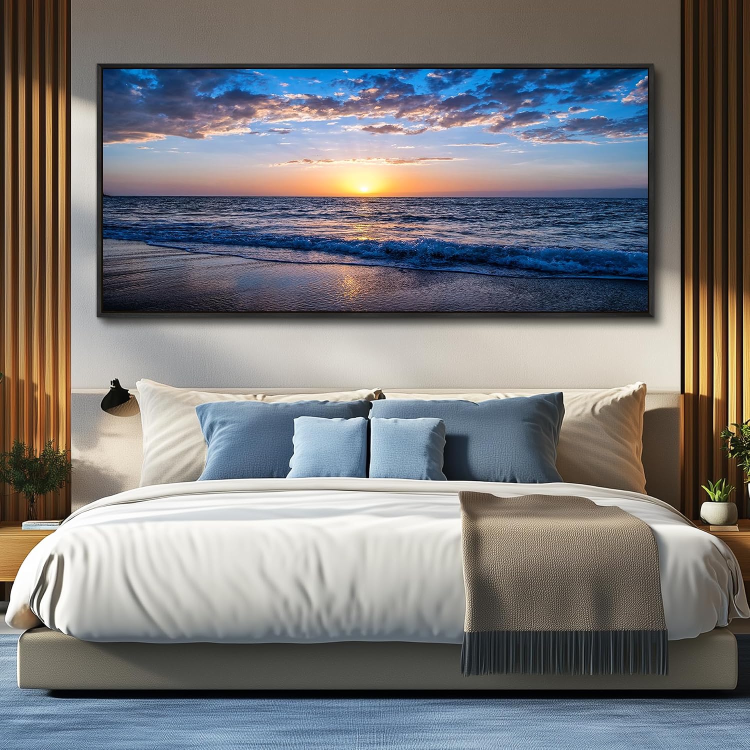hyidecorart Blue Ocean Wall Art Large Paintings For Living Room Wall Decor For Bedroom Landscape Nature Artwork For Walls Canvas Prints Calm Waves Beach Pictures For The Office Black Framed 72x32