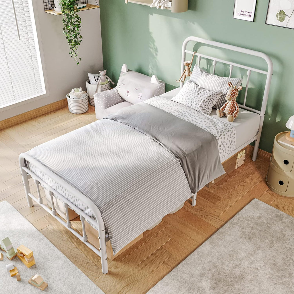 Vintage Twin Size Bed Frame with Headboard and Footboard Mattress Heavy Duty Metal Platform Bed Frame Steel Slat Support (Twin, White)
