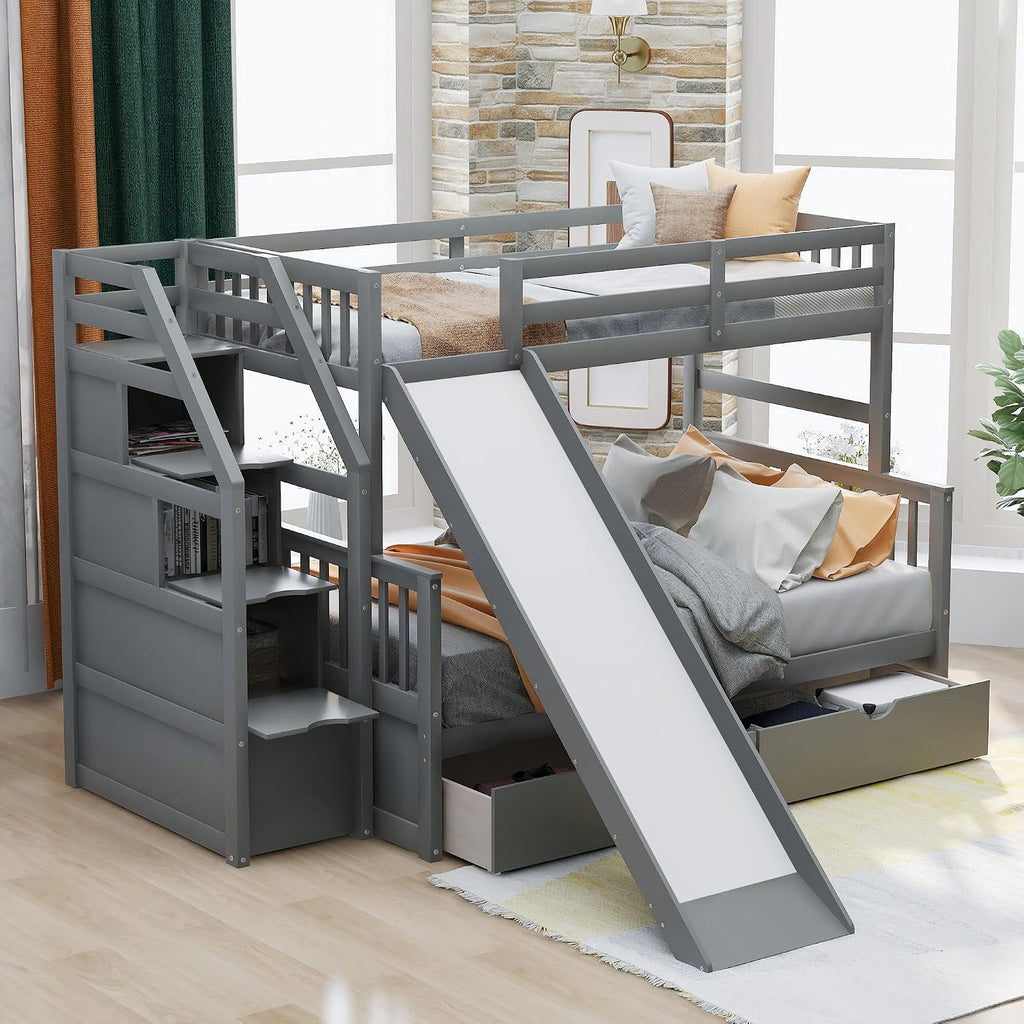 Twin Over Full Size Bunk Bed with Drawers and Slide, Bed Room Solid Wood Storage Bed Frame W/Ladder can be Interchanged Left and Right,for Kids Teens Boys Girls,Gray