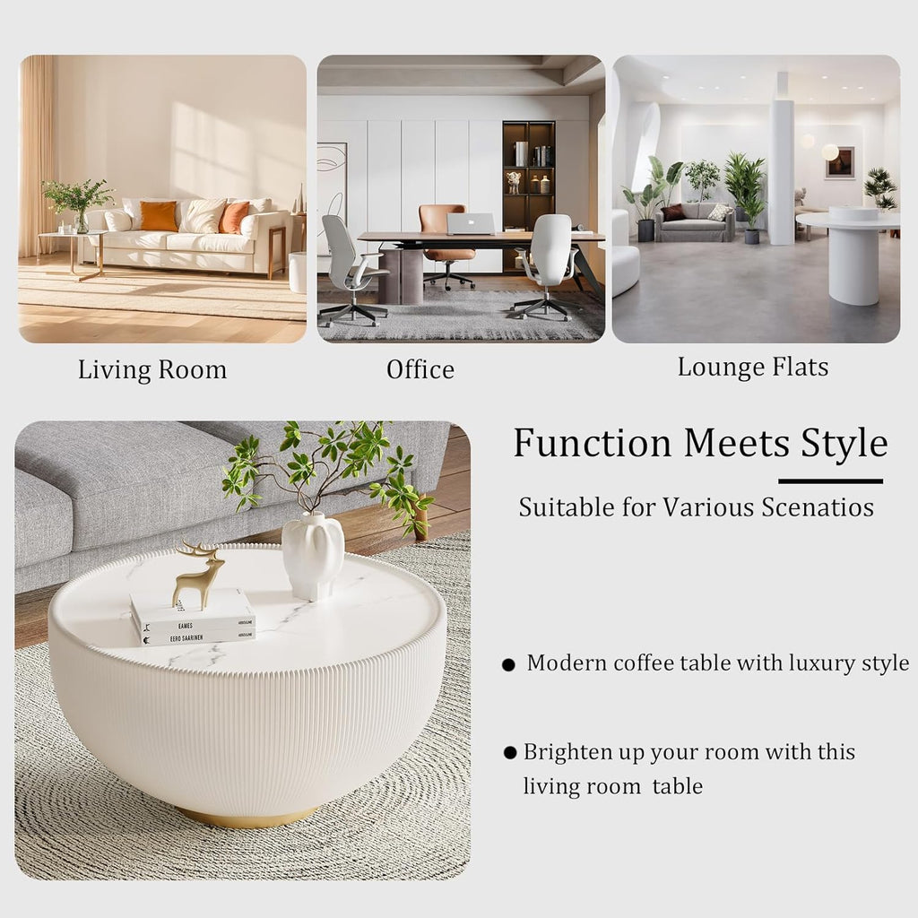 27.55' White Round Coffee Table, Drum Coffee Table with Sintered Stone Tabletop and Fluted PU Leather Covered and Metal Base, Circle Cocktail Tea Table for Living Room