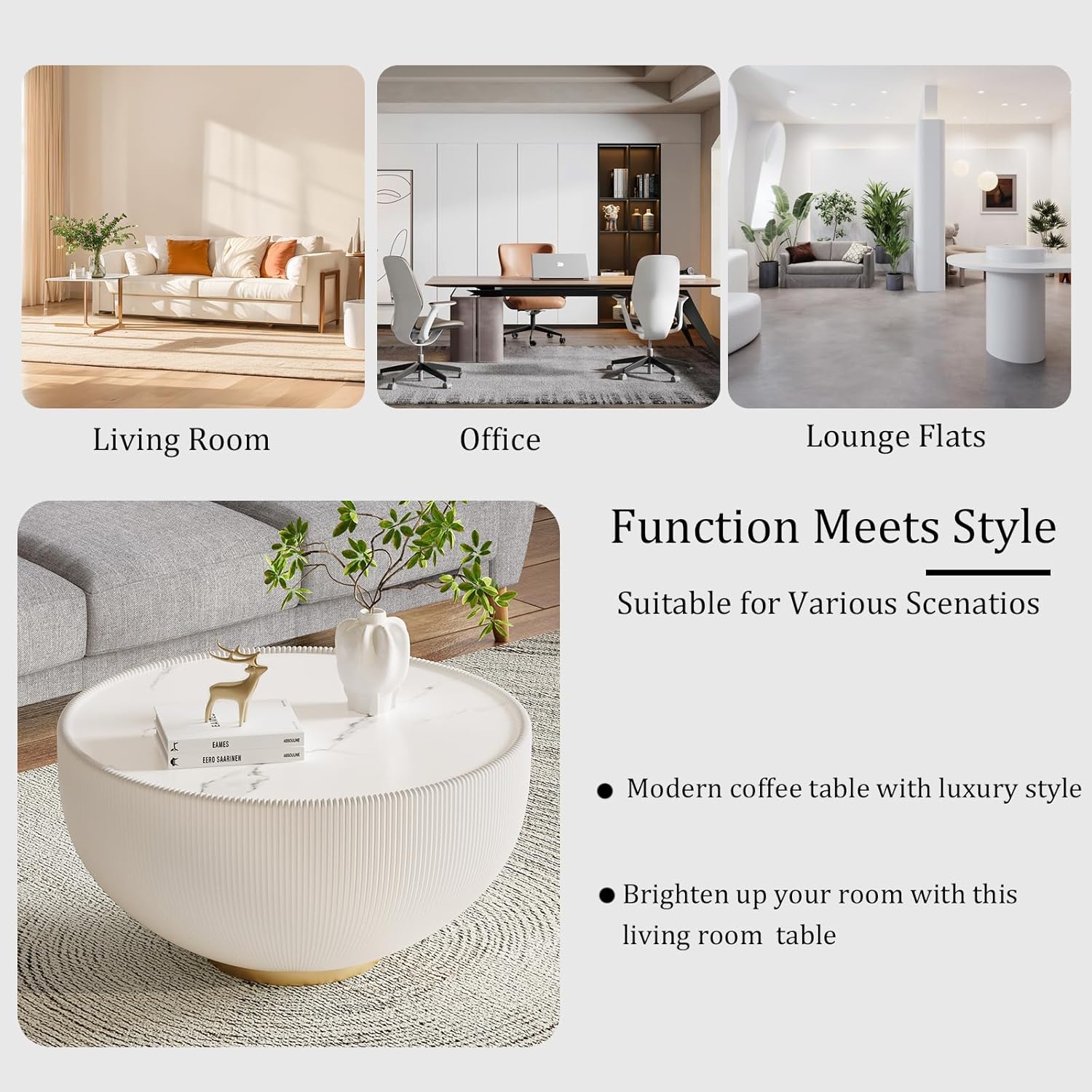 27.55' White Round Coffee Table, Drum Coffee Table with Sintered Stone Tabletop and Fluted PU Leather Covered and Metal Base, Circle Cocktail Tea Table for Living Room