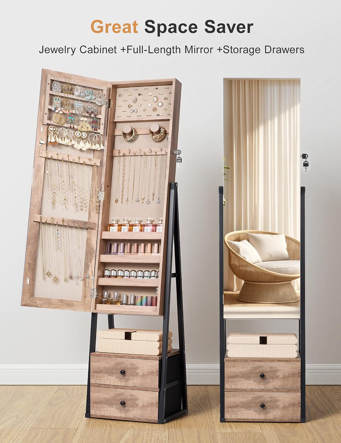 Nicetree Jewelry Cabinet Armoire with 2 Drawers,Standing Jewelry Mirror Cabinet, Full Length Mirror with Jewelry Storage, Lockable Jewelry Organizer with Mirror,Toasted Oak