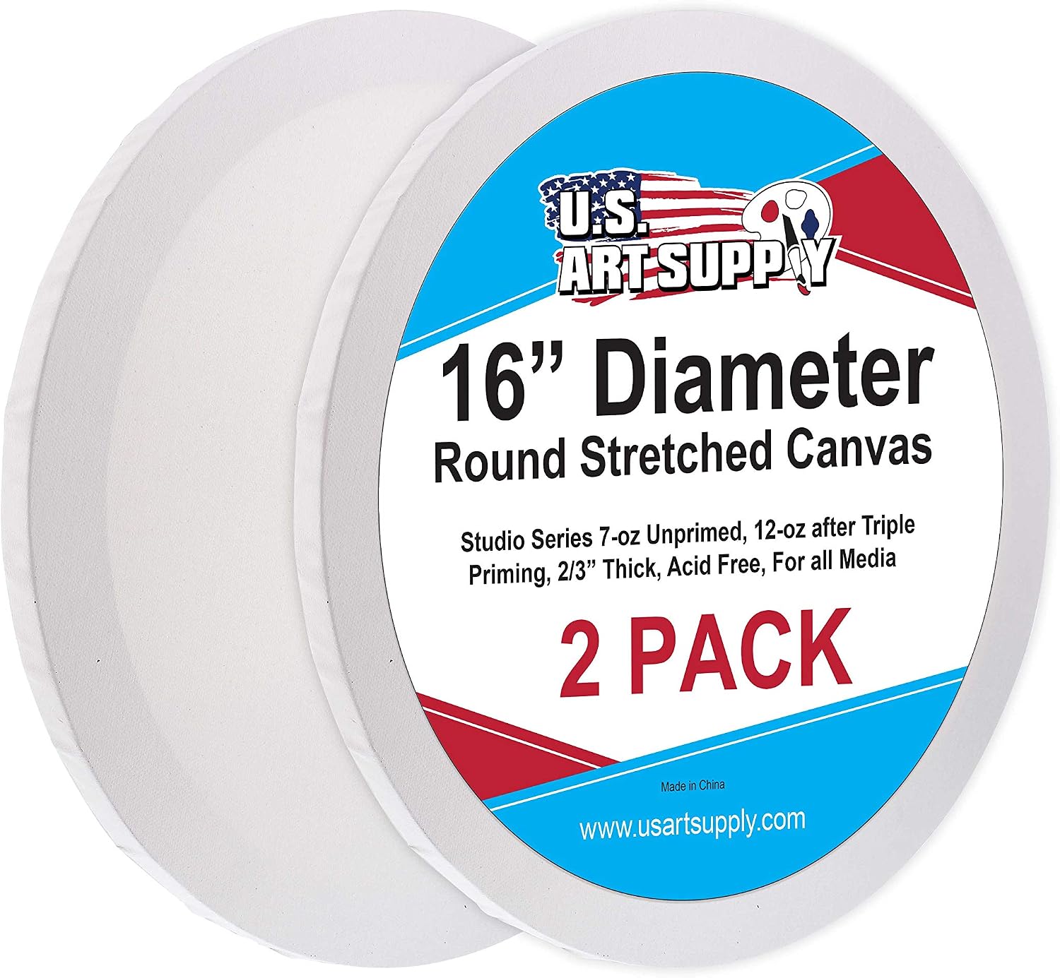 U.S. Art Supply 16 Inch Diameter Round 12 Ounce Primed Gesso Professional Quality Acid-Free Stretched Canvas (Pack of 2)