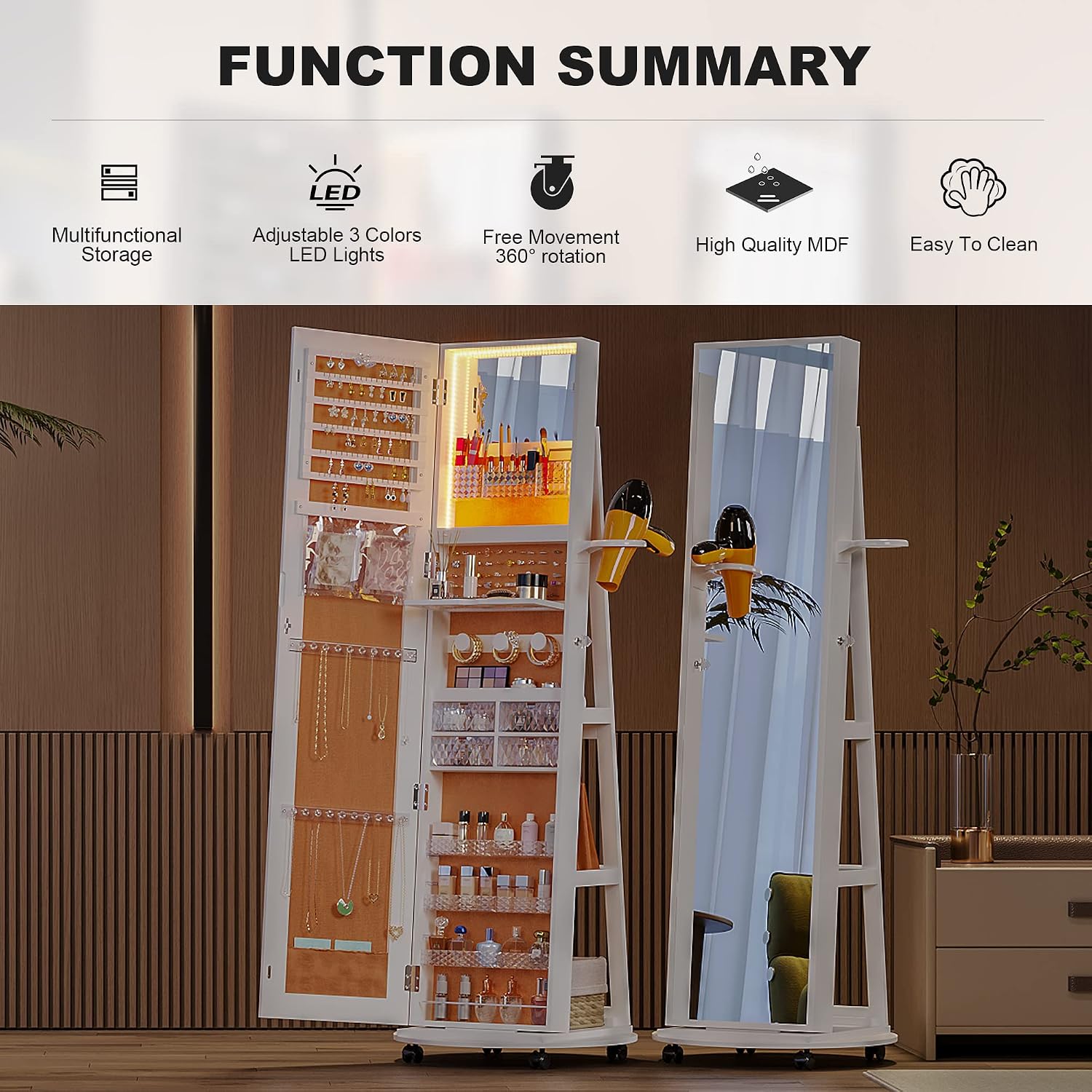 HNEBC 360° Swivel Jewelry Armoire with Mirror, LED Mirror Jewelry Cabinet Standing, Full Length Mirror with Jewelry Storage, Standing Jewelry Organizer/Lockable Wheels/Foldable Makeup Shelf (C-White)