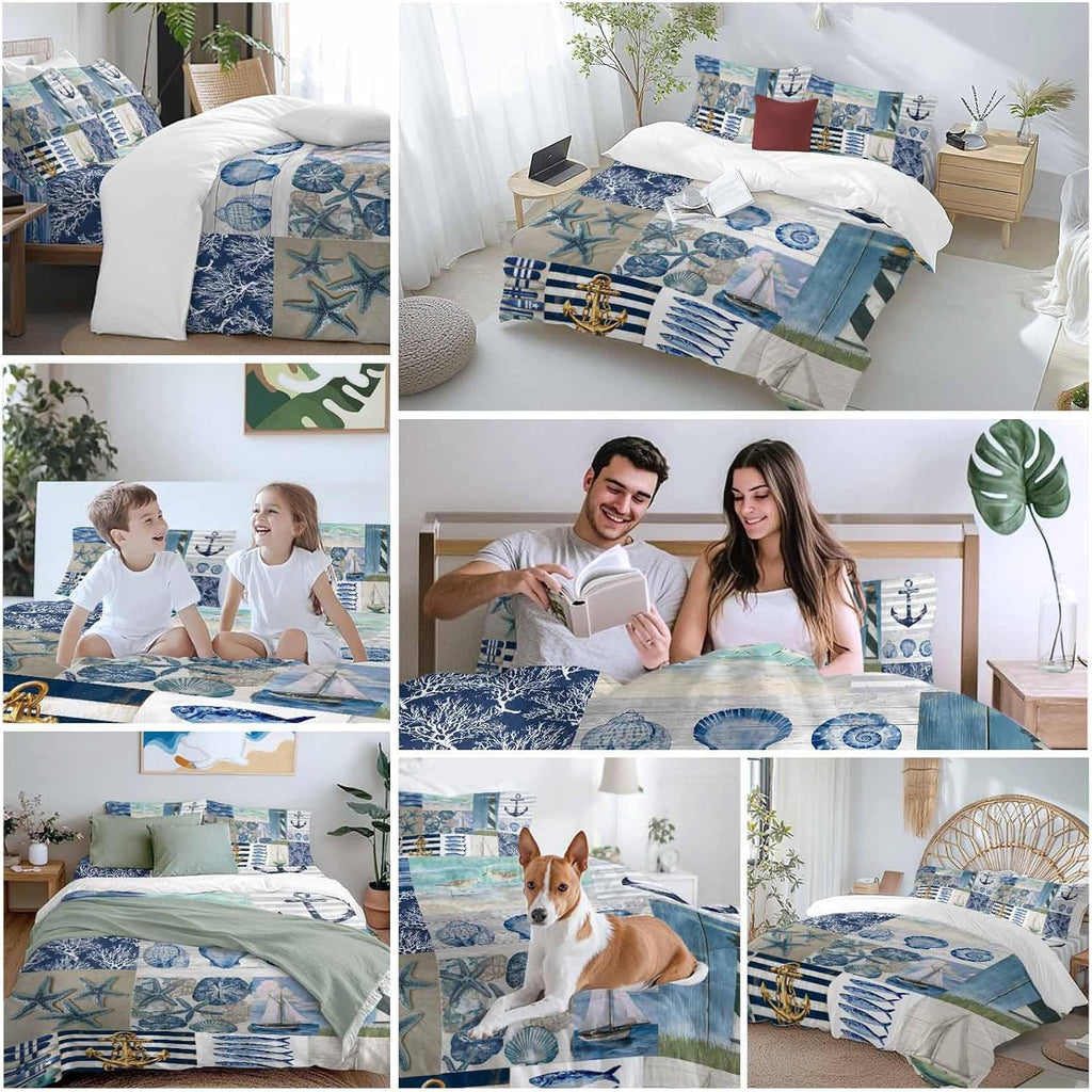 Summer Nautical Duvet Cover Set Queen Size 4 Pieces Blue Starfish Shells Anchor Boat Patchwork Bedding Set with Zipper Closure, 1 Comforter Cover 92x106 Inches 1 Flat Sheet & 2 Pillow Cases