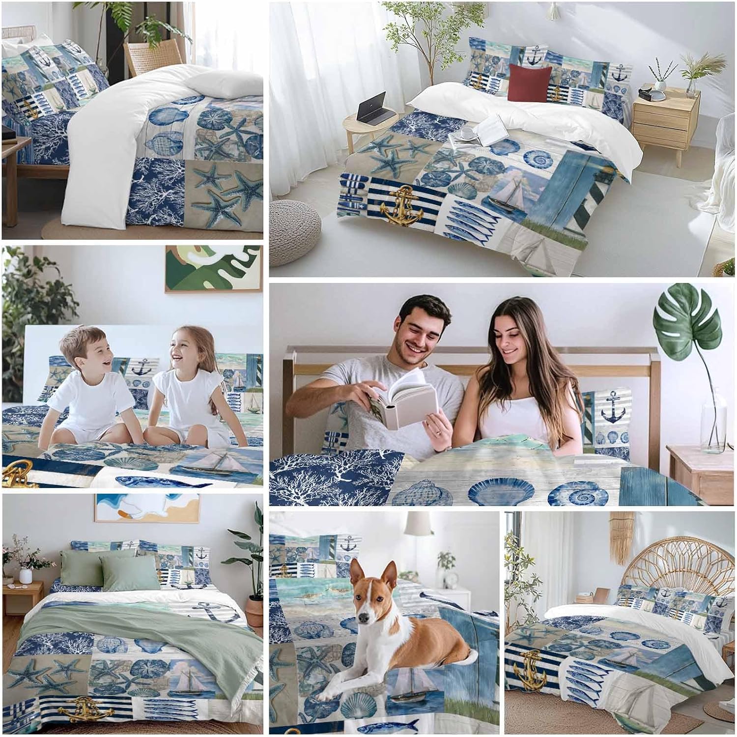 Summer Nautical Duvet Cover Set Queen Size 4 Pieces Blue Starfish Shells Anchor Boat Patchwork Bedding Set with Zipper Closure, 1 Comforter Cover 92x106 Inches 1 Flat Sheet & 2 Pillow Cases