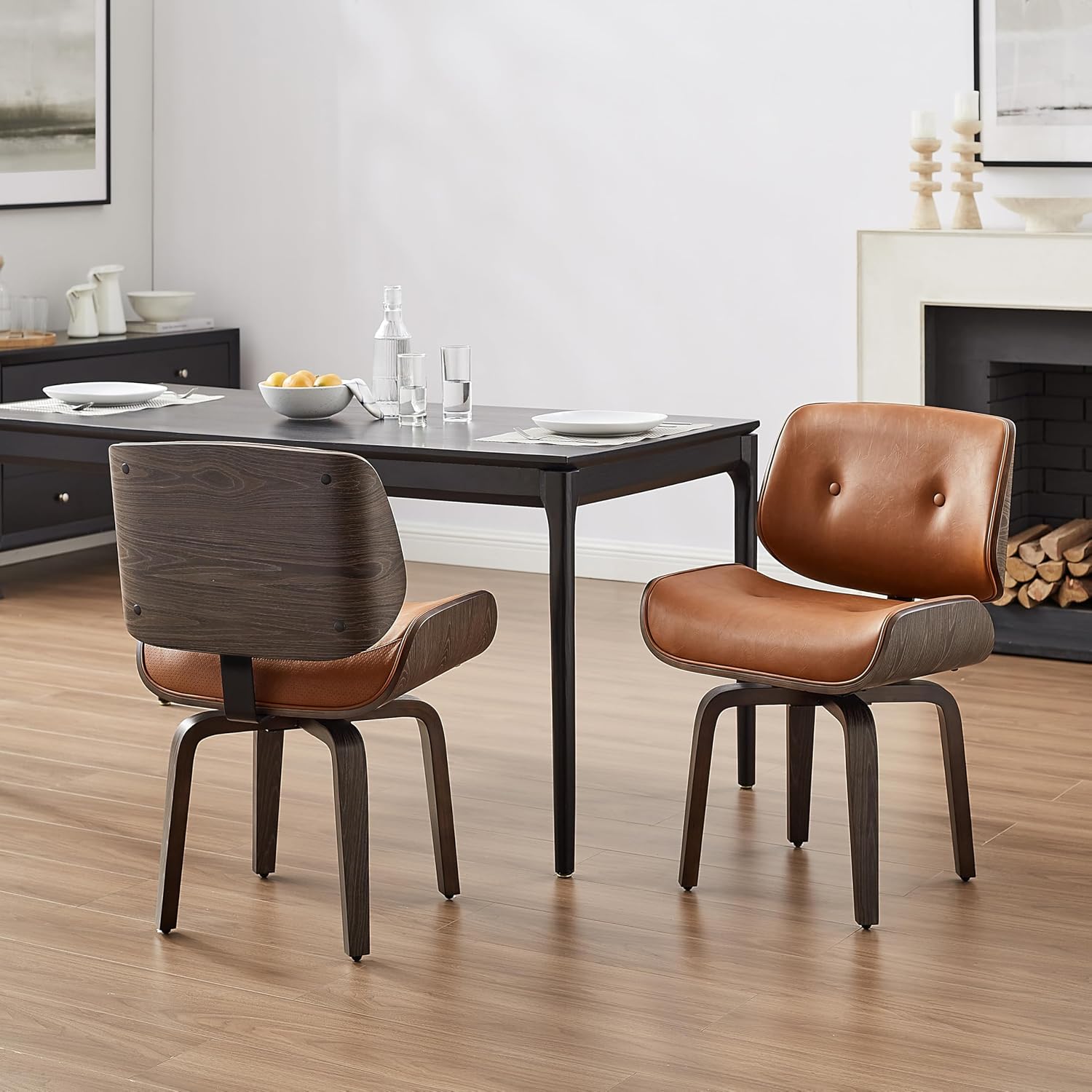 Zouron Swivel Dining Chair, Mid Century Modern Swivel Chair No Wheels, PU Leather Accent Chair with Black Oak Bentwood, Upholstered Kitchen Dining Room Chairs, Thickened Cushion, Button Brown