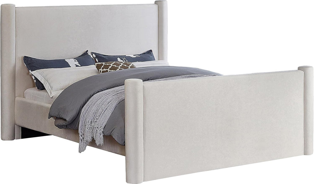 Meridian Furniture B1298Cream-Q Elias Collection Modern | Contemporary Queen Bed with Soft Cream Velvet, Solid Wood Inner Frame, 73.5' W x 88.5' D x 52' H, Cream, Queen