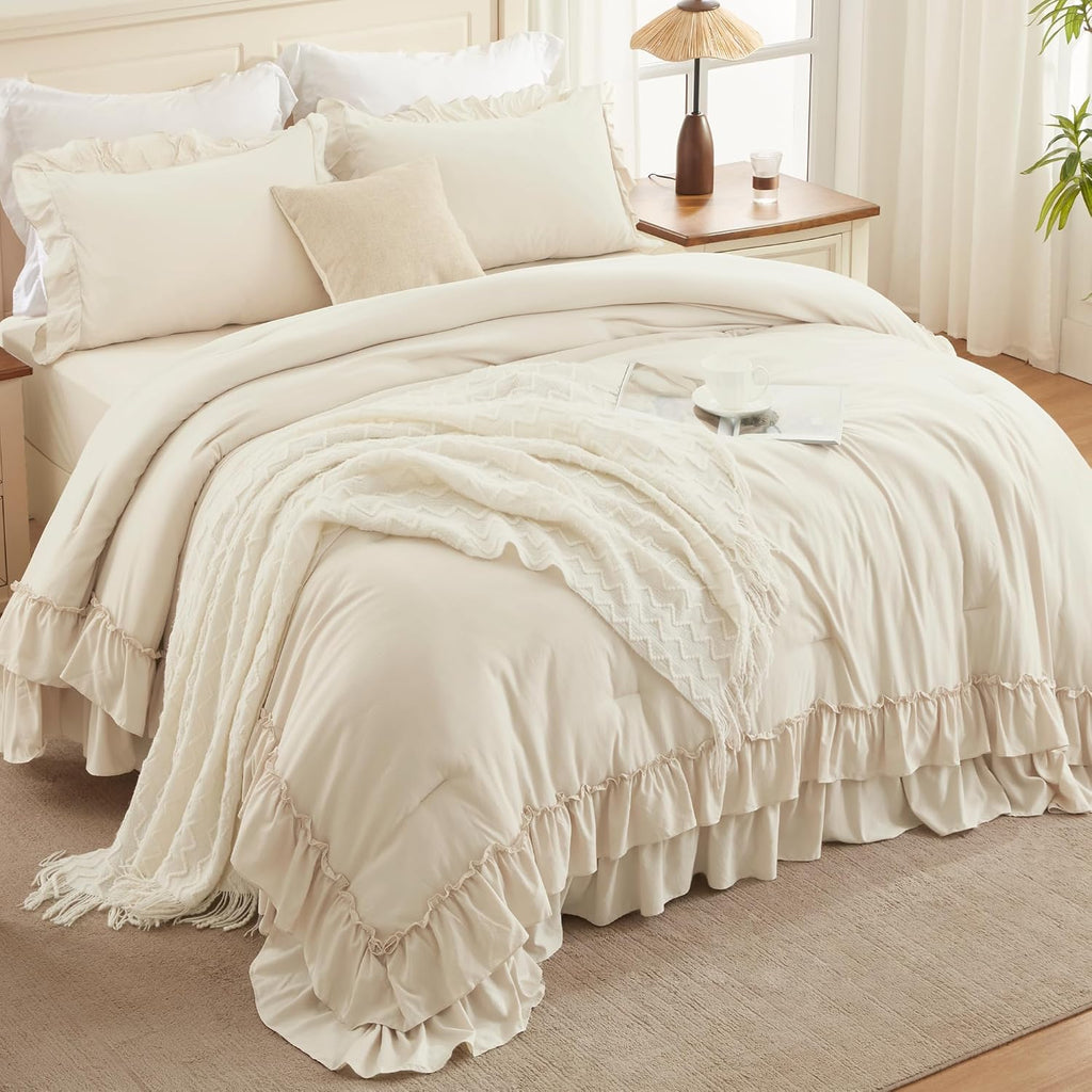 Andency Super King Ruffle Comforter Set, 3 Pieces Farmhouse Shabby Chic Bedding Set, Lightweight Soft Oversized King Comforter Set 120x120 for Girls Women (1 Comforter 2 Pillowcases), Beige