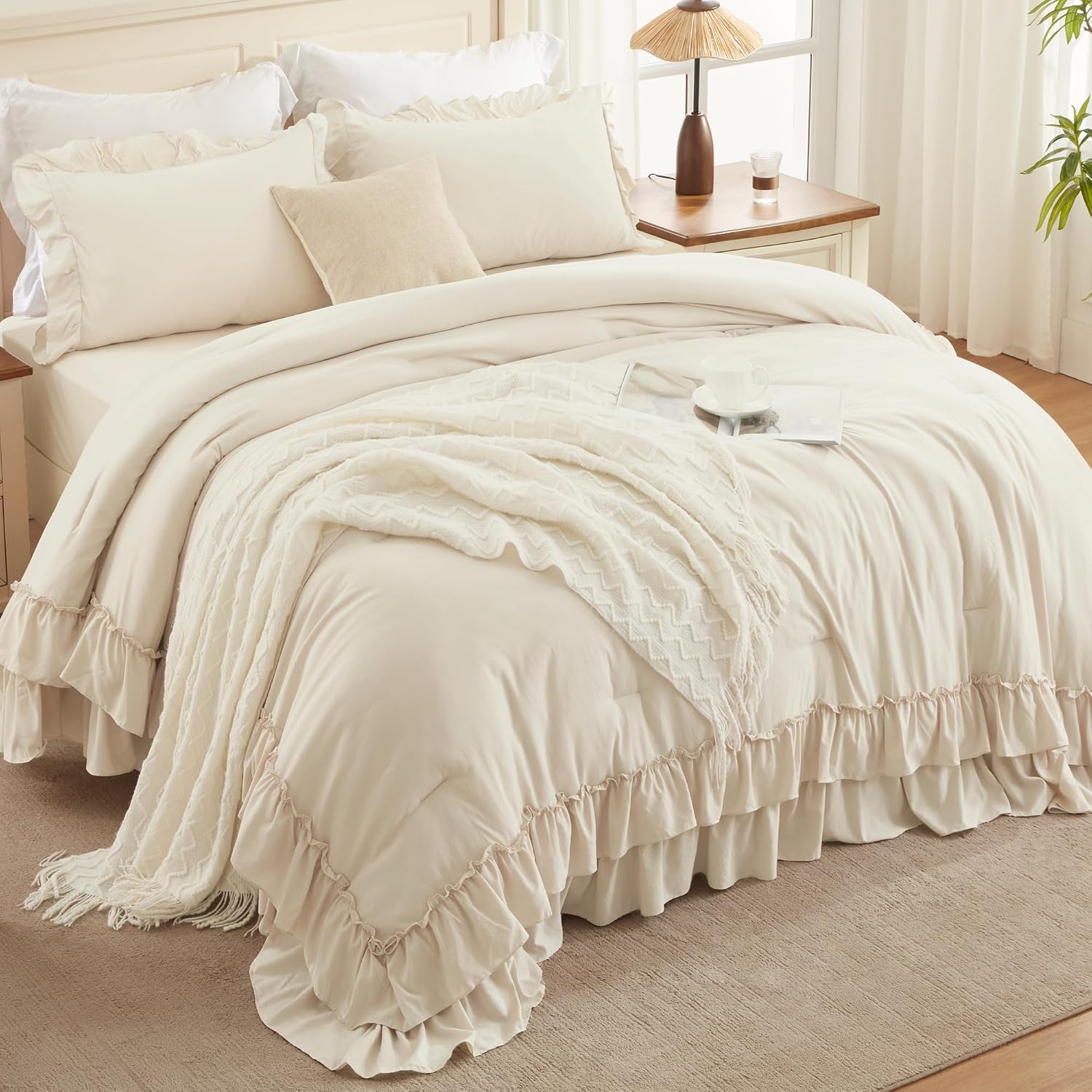 Andency Super King Ruffle Comforter Set, 3 Pieces Farmhouse Shabby Chic Bedding Set, Lightweight Soft Oversized King Comforter Set 120x120 for Girls Women (1 Comforter 2 Pillowcases), Beige