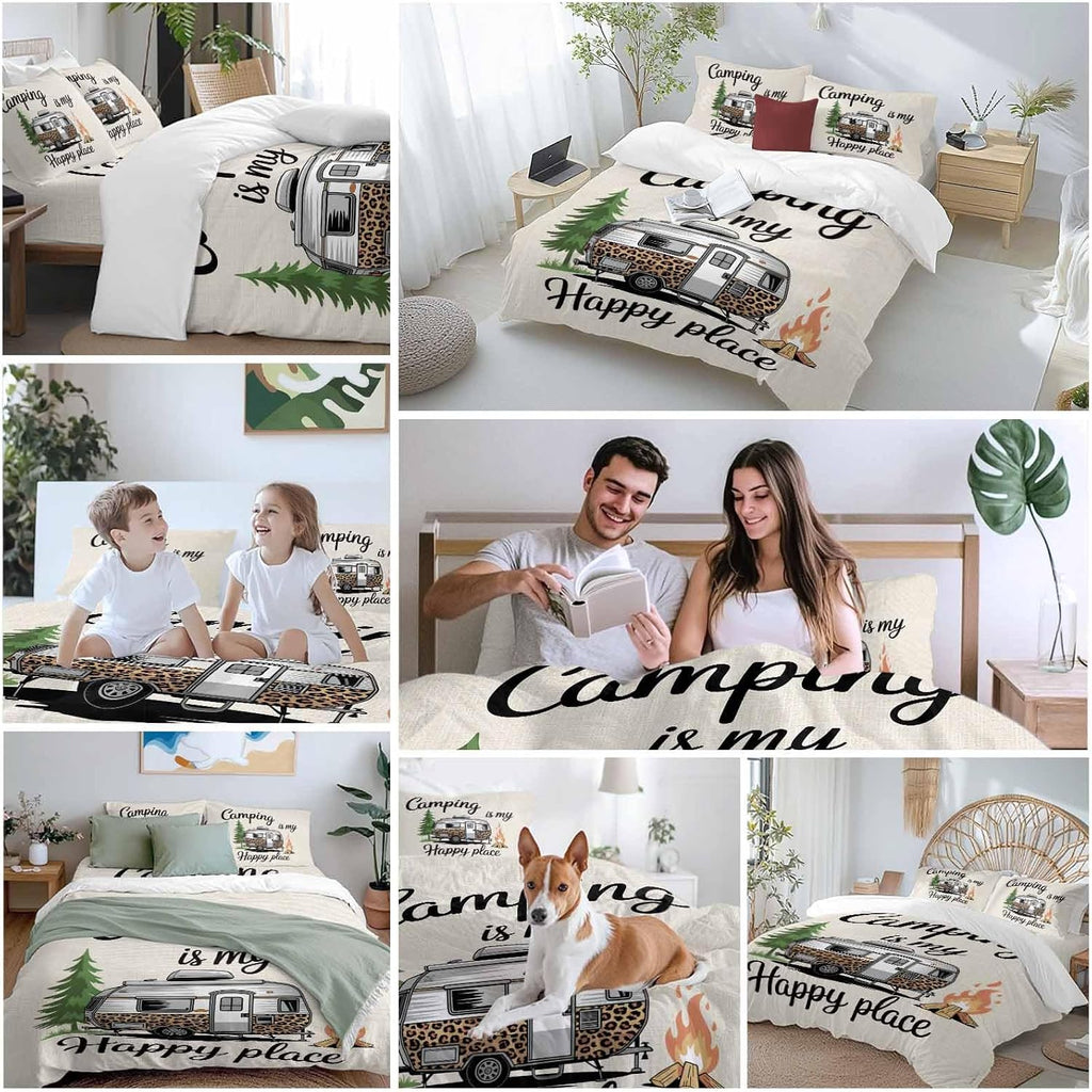 Prime Leader Camping is My Happy Place Duvet Cover Set Queen Size 4 Pieces Leopard RV Vintage Linen Bedding Set with Zipper Closure, 1 Comforter Cover 92x106 Inches 1 Flat Sheet & 2 Pillow Cases