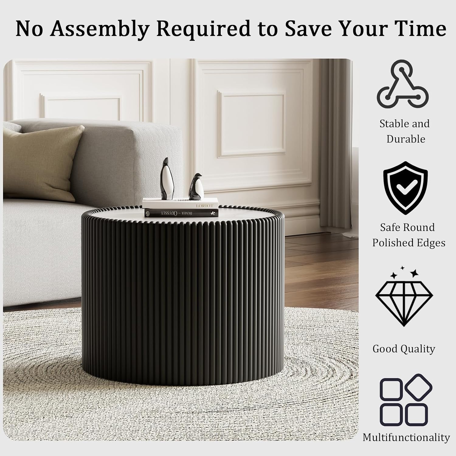 17.71' Black Round Coffee Table, Drum Coffee Table with Sintered Stone Tabletop and Fluted PU Leather Covered and Stable Base, Circle Cocktail Tea Table for Living Room