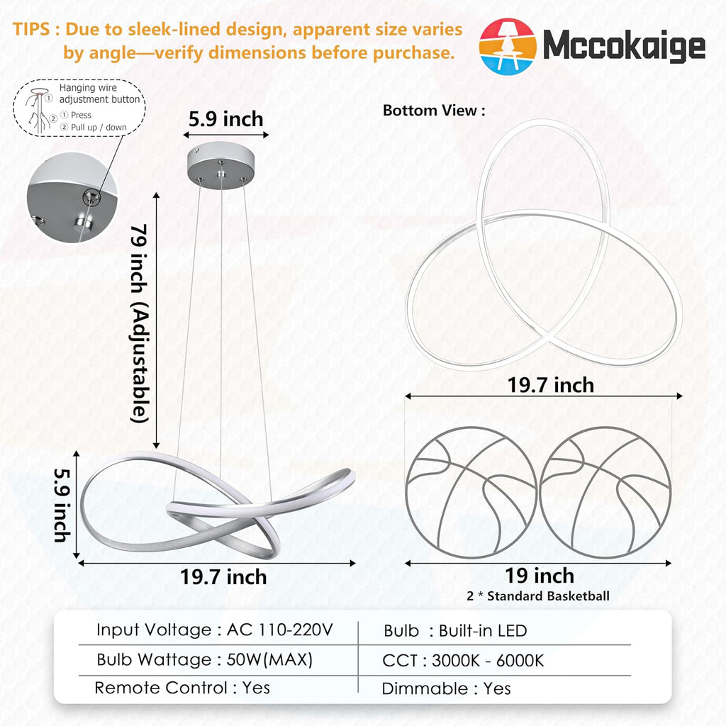 Modern LED Pendant Light Fixture Contemporary Ring Chandelier Nickel with 3000K-6000K Dimmable Remote Control and 79in Height Adjustable for Foyer Living Room Bedroom Dining Room
