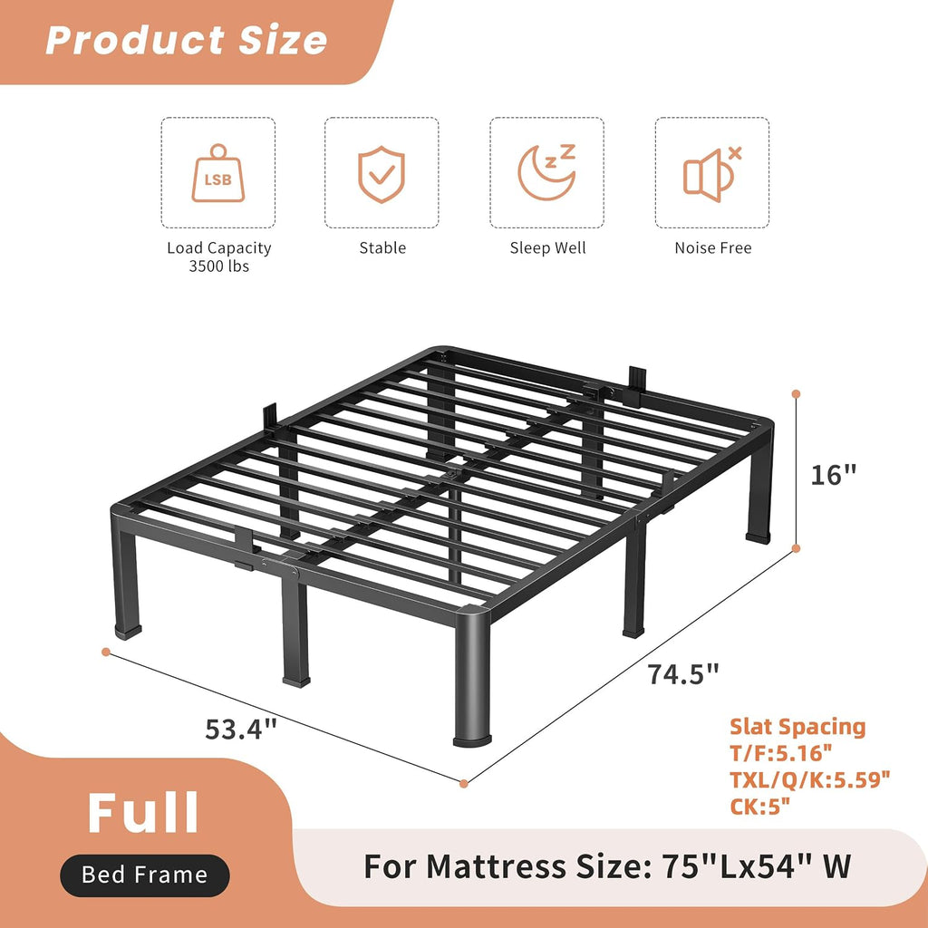 VIPSHOW 16 Inch Full Heavy Duty 3500 lbs Bed Frame with Round-Corner Legs & Anti-Squeak Design – Quick Assembly Metal Platform, No Box Spring Needed