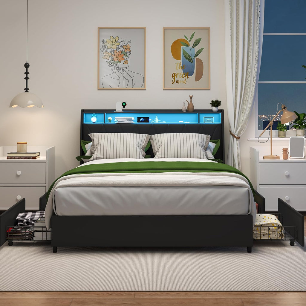 Black Queen Bed Frame with Headboard, Metal Platform Bed Queen Size with 2-Tier Bookshelf Storage, and 4 Storage Drawers & Charging Station Type C, LED Light, No Box Spring Needed (Black+LED, Queen)