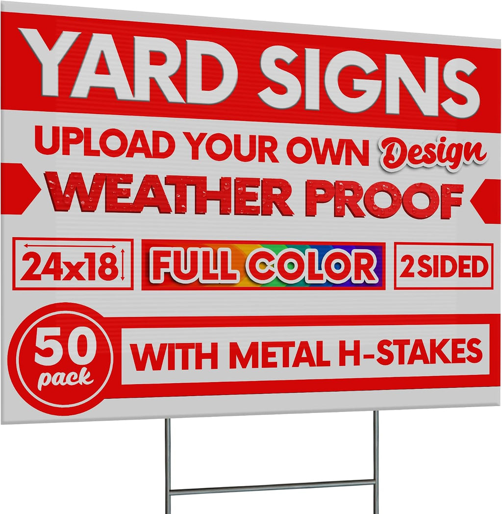 50 pack 24x18' Double Sided Custom Yard Sign with Metal Stake Front and Back Custom Printed Personalized Lawn Sign for Business, Real Estate, or Yard Sale, Full Color Corrugated Plastic Signage for Outdoors, Home, Office, Business (50-Pack)