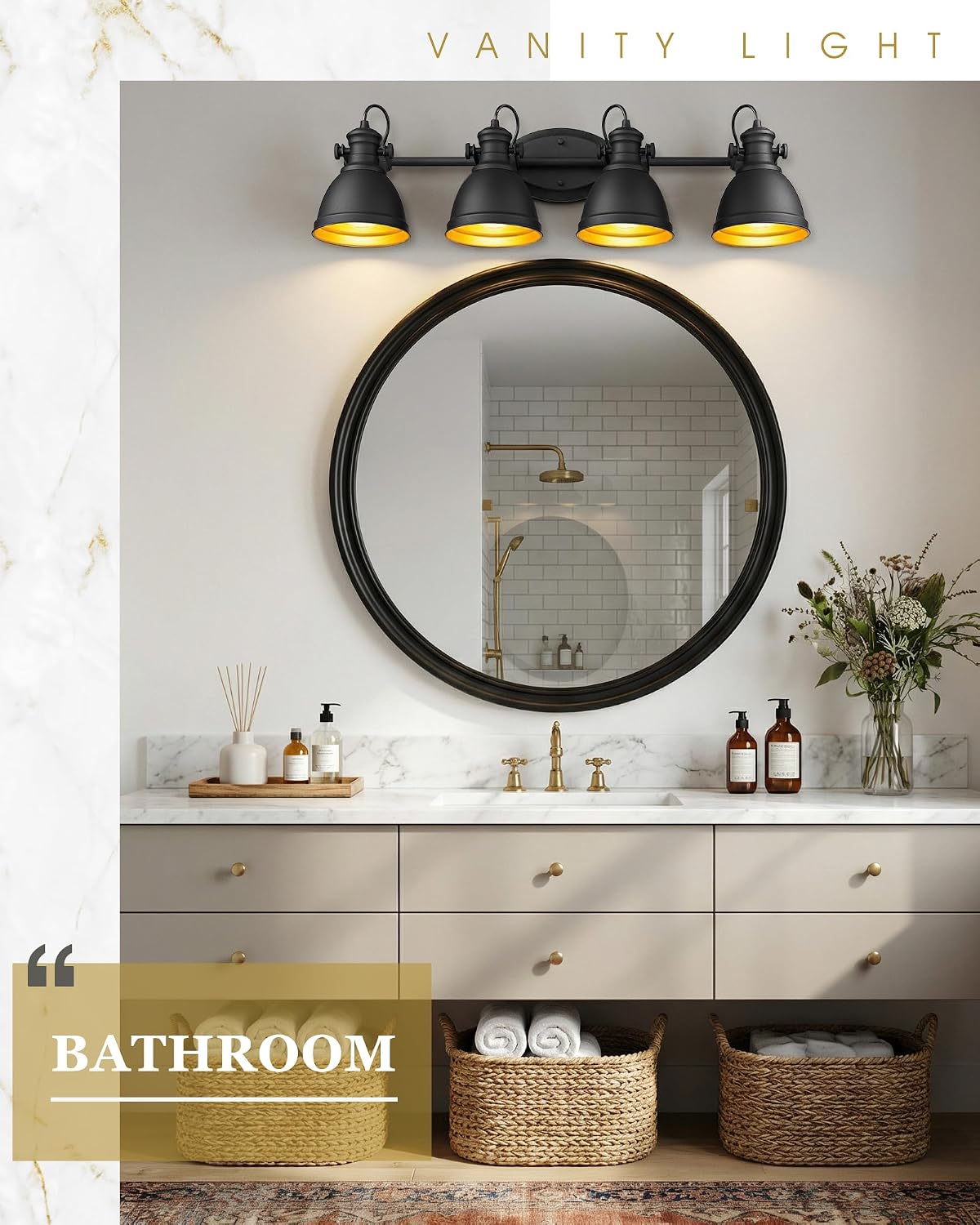 Bathroom Light Fixtures, 4-Light Industrial Vanity Lights with Black Metal Shade, Rustic Bathroom Lighting Fixtures Over Mirror, Wall Mounted, AD-2151-4W