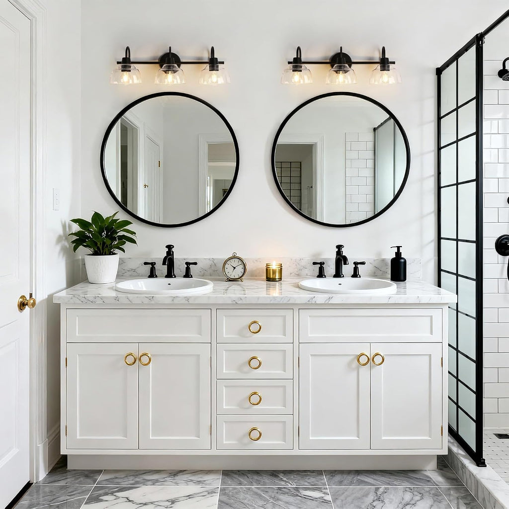 KSANA Black Bathroom Light Fixtures, Modern Farmhouse Vanity Lights Over Mirror 3-Light Bathroom Wall Mounted Sconce with Dome Glass Shade