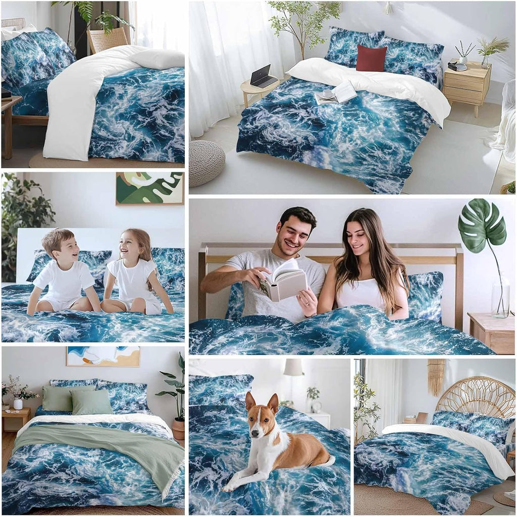 Dark Blue Ocean Scenery Duvet Cover Set Queen Size 4 Pieces Ombre Sea Waves Natural Modern Art Bedding Set with Zipper Closure, 1 Comforter Cover 92x106 Inches 1 Flat Sheet & 2 Pillow Cases