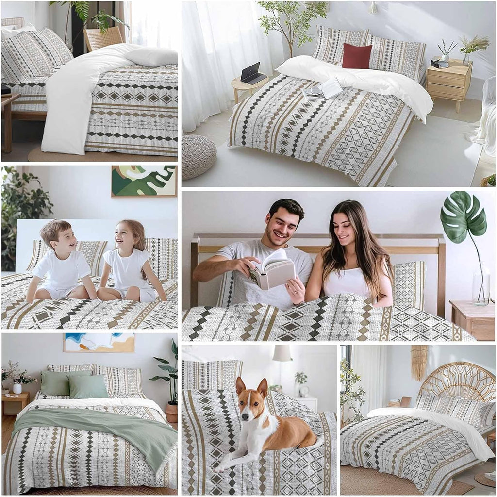 Bohemia Geometric Duvet Cover Set Queen Size 4 Pieces Brown Stripes Diamond Ethnic Linen Texture Bedding Set with Zipper Closure, 1 Comforter Cover 92x106 Inches 1 Flat Sheet & 2 Pillow Cases