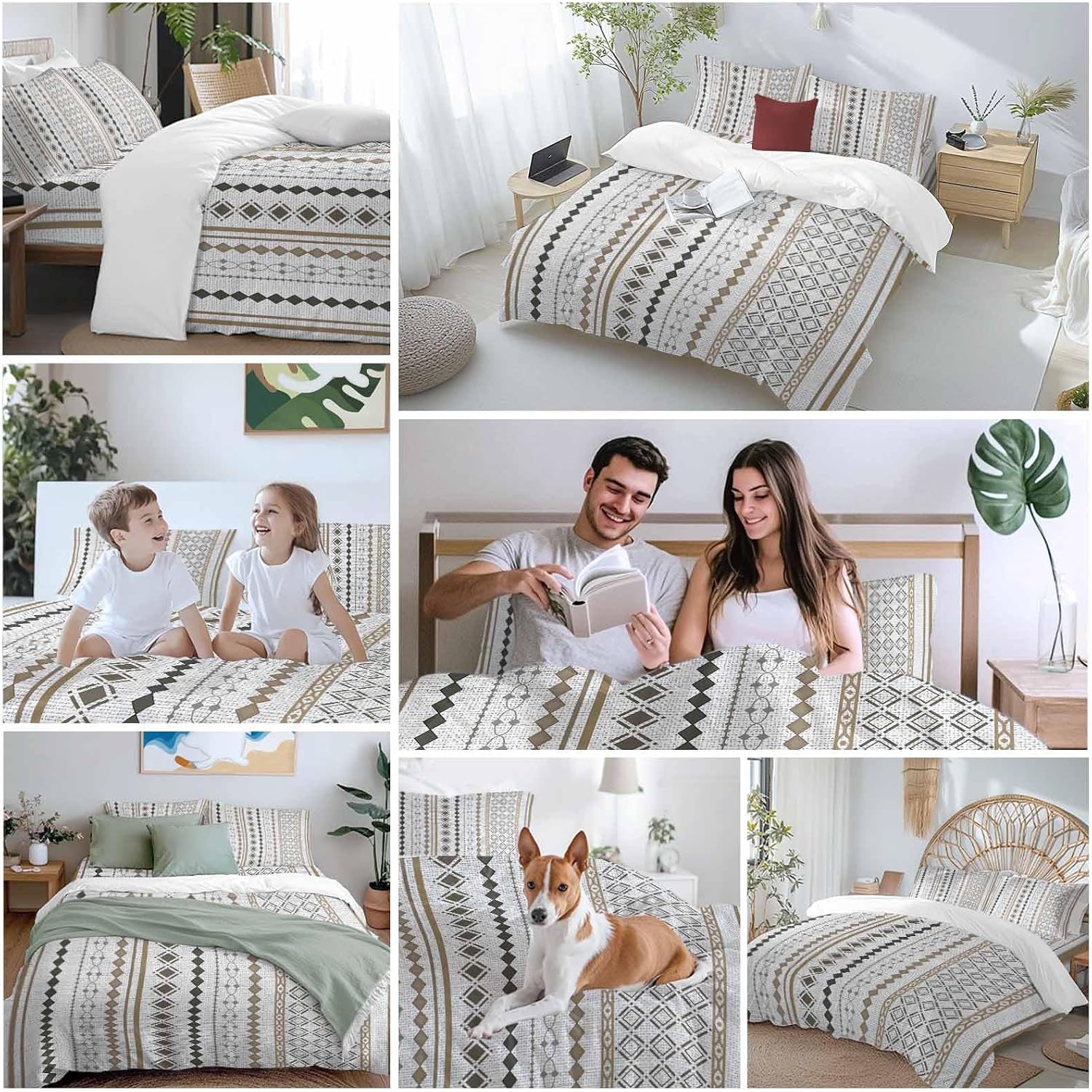 Bohemia Geometric Duvet Cover Set Queen Size 4 Pieces Brown Stripes Diamond Ethnic Linen Texture Bedding Set with Zipper Closure, 1 Comforter Cover 92x106 Inches 1 Flat Sheet & 2 Pillow Cases