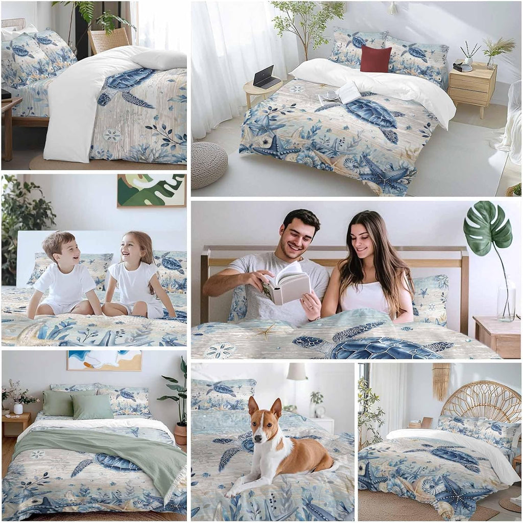 Ocean Turtles Duvet Cover Set Queen Size 4 Pieces Blue Yellow Sea Star Shell Coral Yellow Blue Stripes Bedding Set with Zipper Closure, 1 Comforter Cover 92x106 Inches 1 Flat Sheet & 2 Pillow Cases