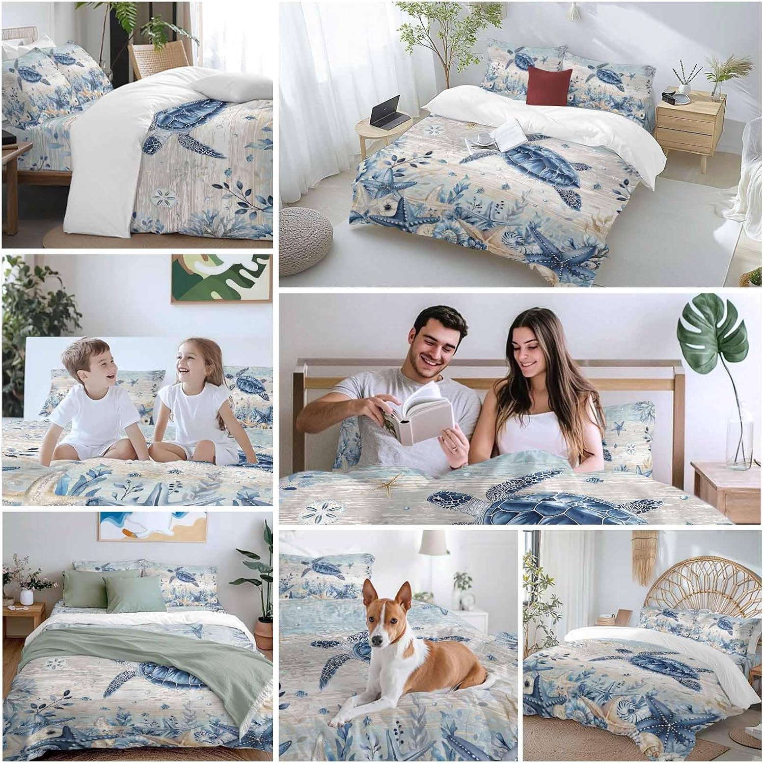 Ocean Turtles Duvet Cover Set Queen Size 4 Pieces Blue Yellow Sea Star Shell Coral Yellow Blue Stripes Bedding Set with Zipper Closure, 1 Comforter Cover 92x106 Inches 1 Flat Sheet & 2 Pillow Cases