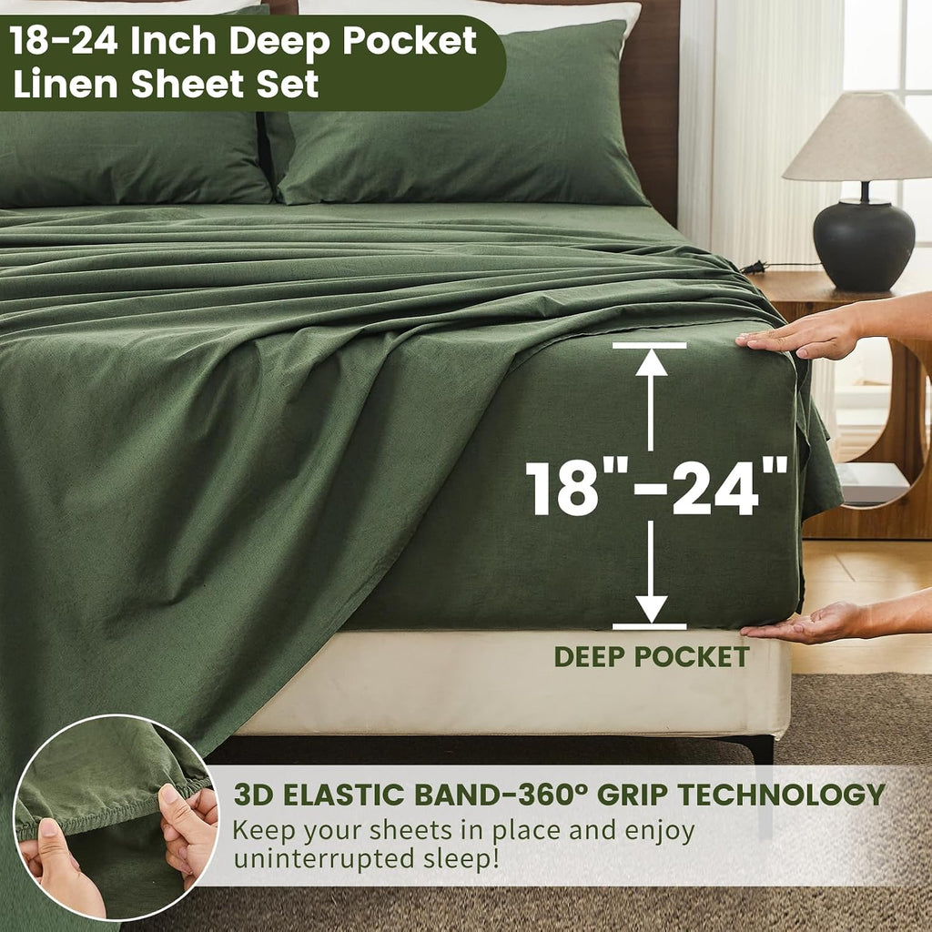 Bedlifes 100% French Flax Linen Sheets Set King Size - 6 Piece Extra Deep Pocket 18-24',Soft Breathable King Bed Sheets with Temperature Regulating & Moisture-Wicking(Forest Green