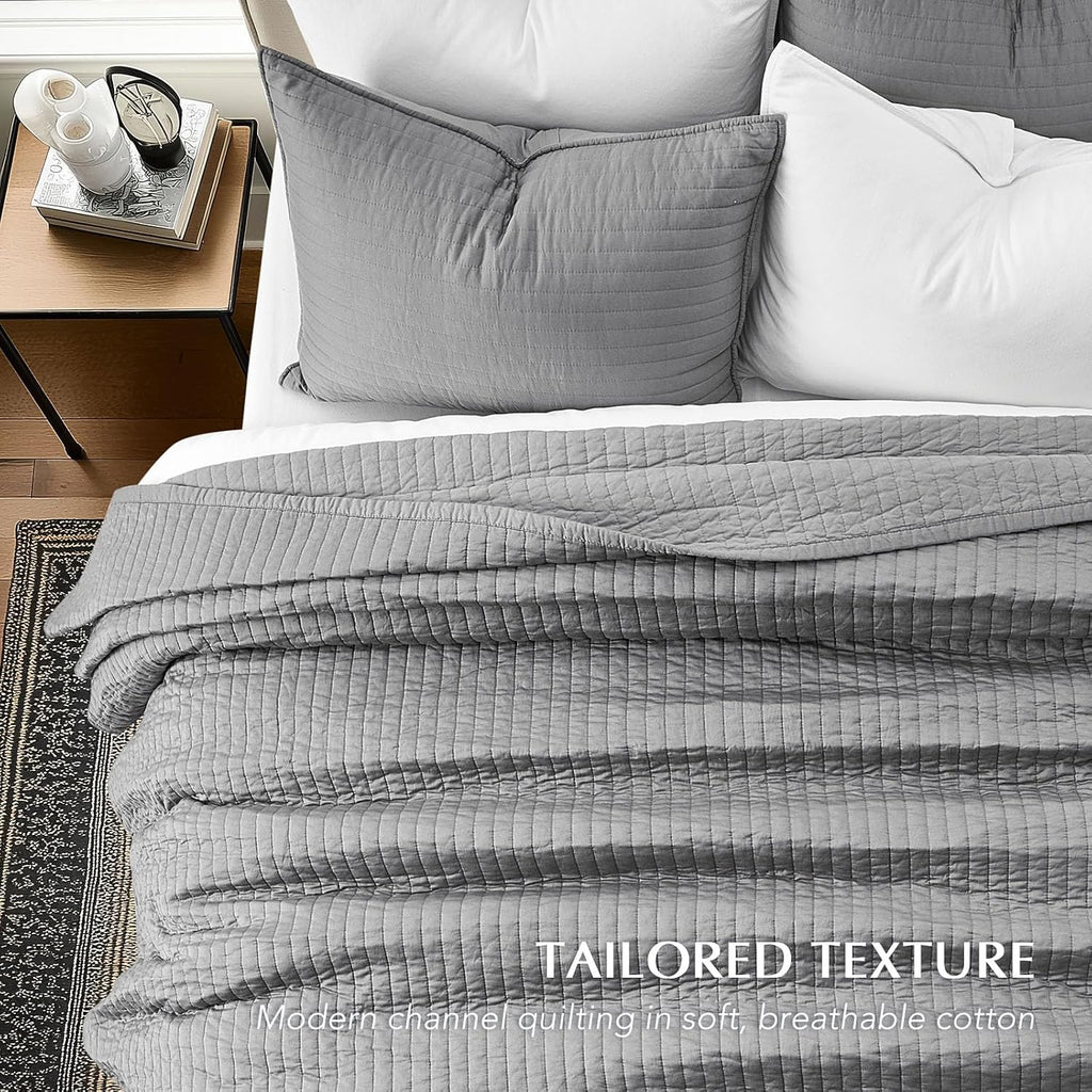 EVERGRACEHOME Cotton Sateen Quilt Set King Size, Pre-Washed Cotton Channel Stitch Coverlet Bedspread, 3 Pieces Lightweight Soft Bedding Sets for All Season, with 2 Pillow Shams, Fog Gray