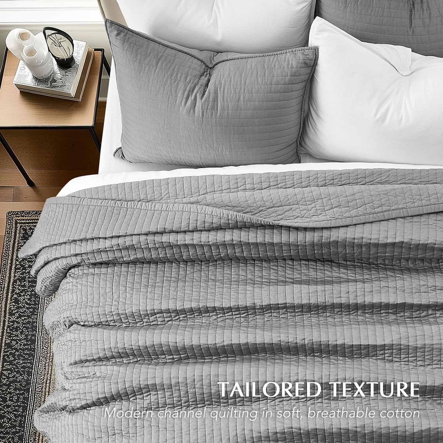 EVERGRACEHOME Cotton Sateen Quilt Set King Size, Pre-Washed Cotton Channel Stitch Coverlet Bedspread, 3 Pieces Lightweight Soft Bedding Sets for All Season, with 2 Pillow Shams, Fog Gray