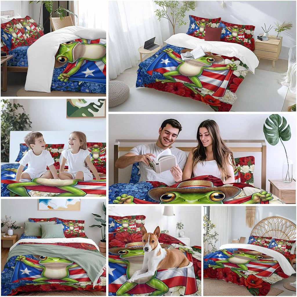 Puerto Rican Duvet Cover Set Queen Size 4 Pieces Flag Themed Watercolor Flowers Cartoon Funny Frog Bedding Set with Zipper Closure, 1 Comforter Cover 92x106 Inches 1 Flat Sheet & 2 Pillow Cases