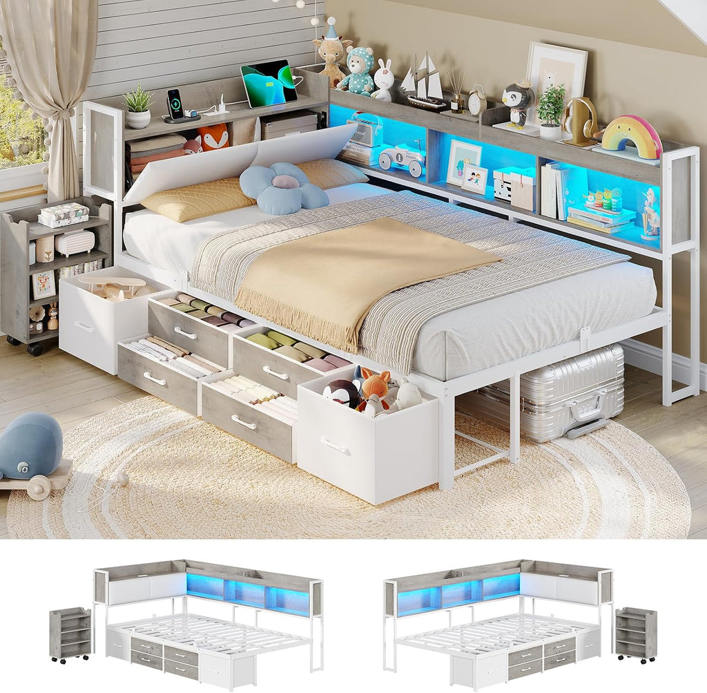 MSmask 14 Inch Corner Bed Frame with Pull-Out Cabinet, Bookcase & Headboad Storage, Twin LED Daybed with 6 Drawers, Charging Station, Twin Size Metal Platform Bed for Kids Teen, White & Oak Grey