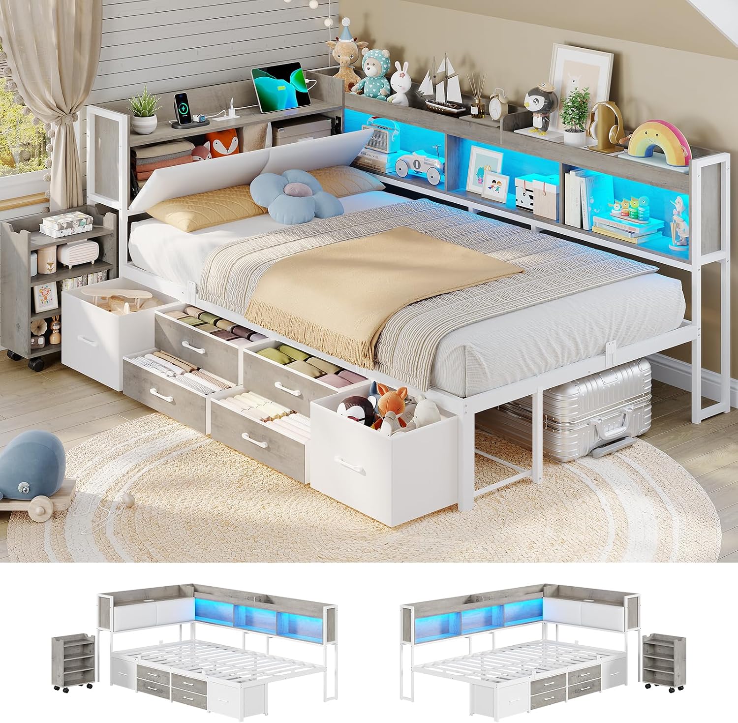 MSmask 14 Inch Corner Bed Frame with Pull-Out Cabinet, Bookcase & Headboad Storage, Twin LED Daybed with 6 Drawers, Charging Station, Twin Size Metal Platform Bed for Kids Teen, White & Oak Grey