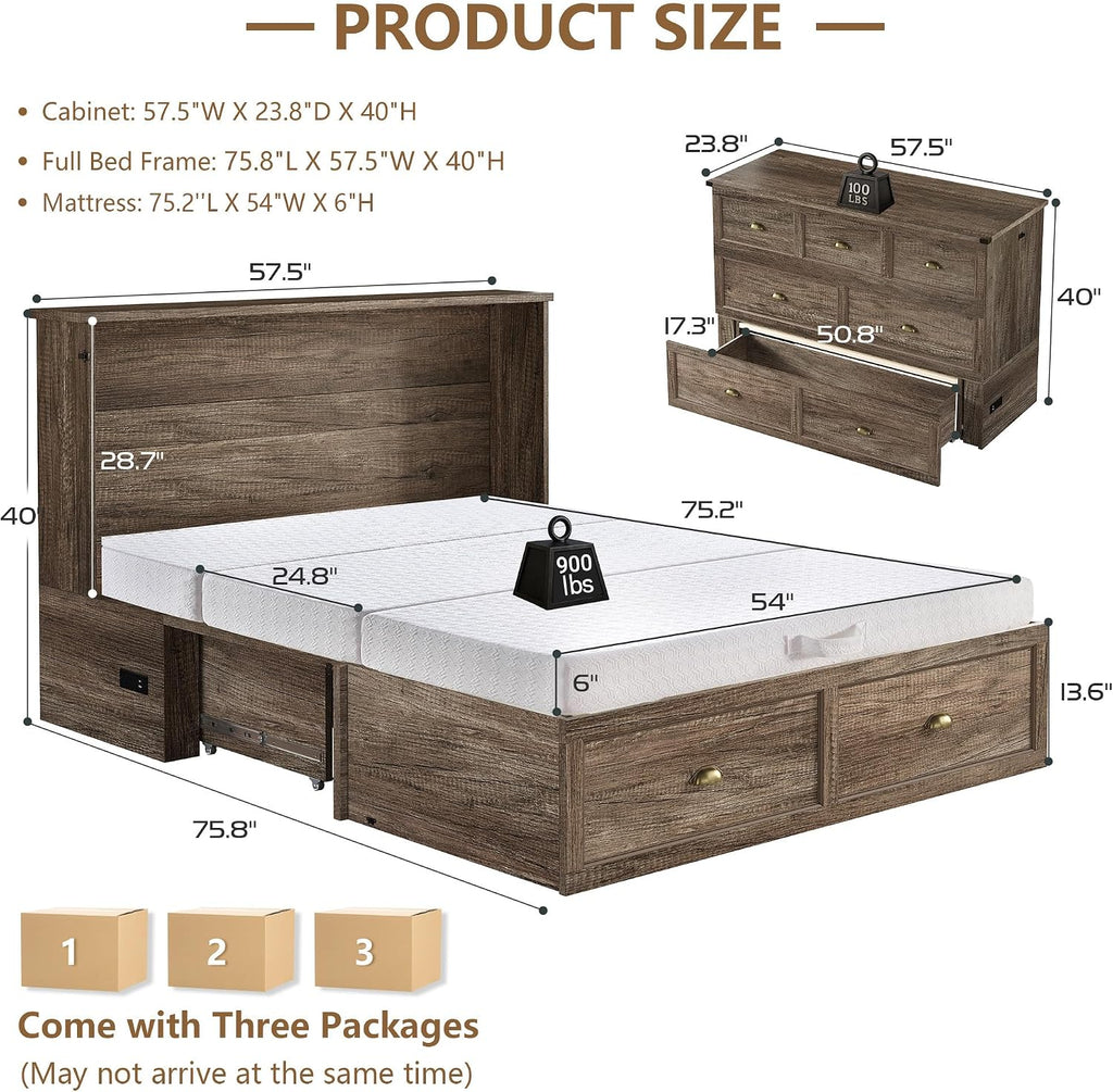 AMERLIFE Full Size Murphy Bed with Folding Mattress, Farmhouse Wooden Cabinet with Charging Station and Storage Drawer for Bedroom/Office/Guest Room, Grey Oak