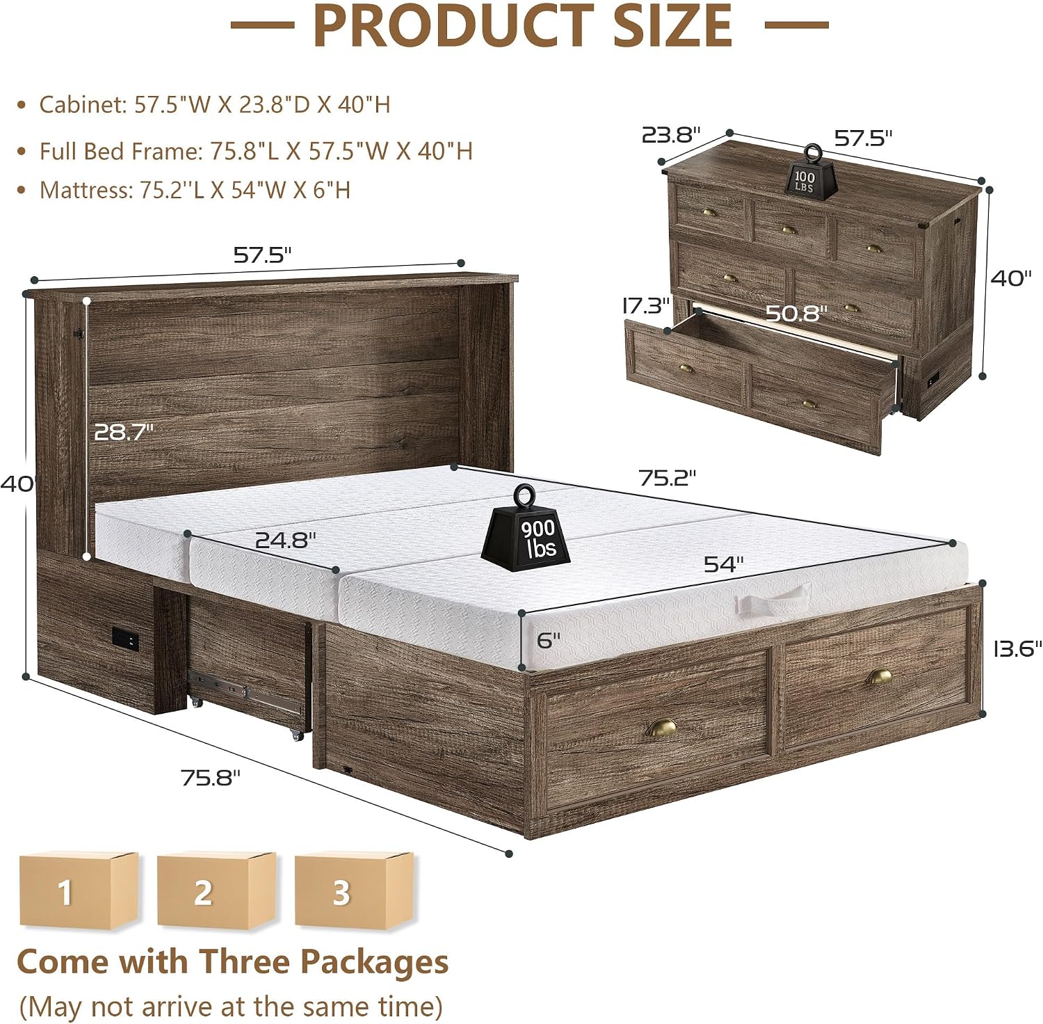 AMERLIFE Full Size Murphy Bed with Folding Mattress, Farmhouse Wooden Cabinet with Charging Station and Storage Drawer for Bedroom/Office/Guest Room, Grey Oak