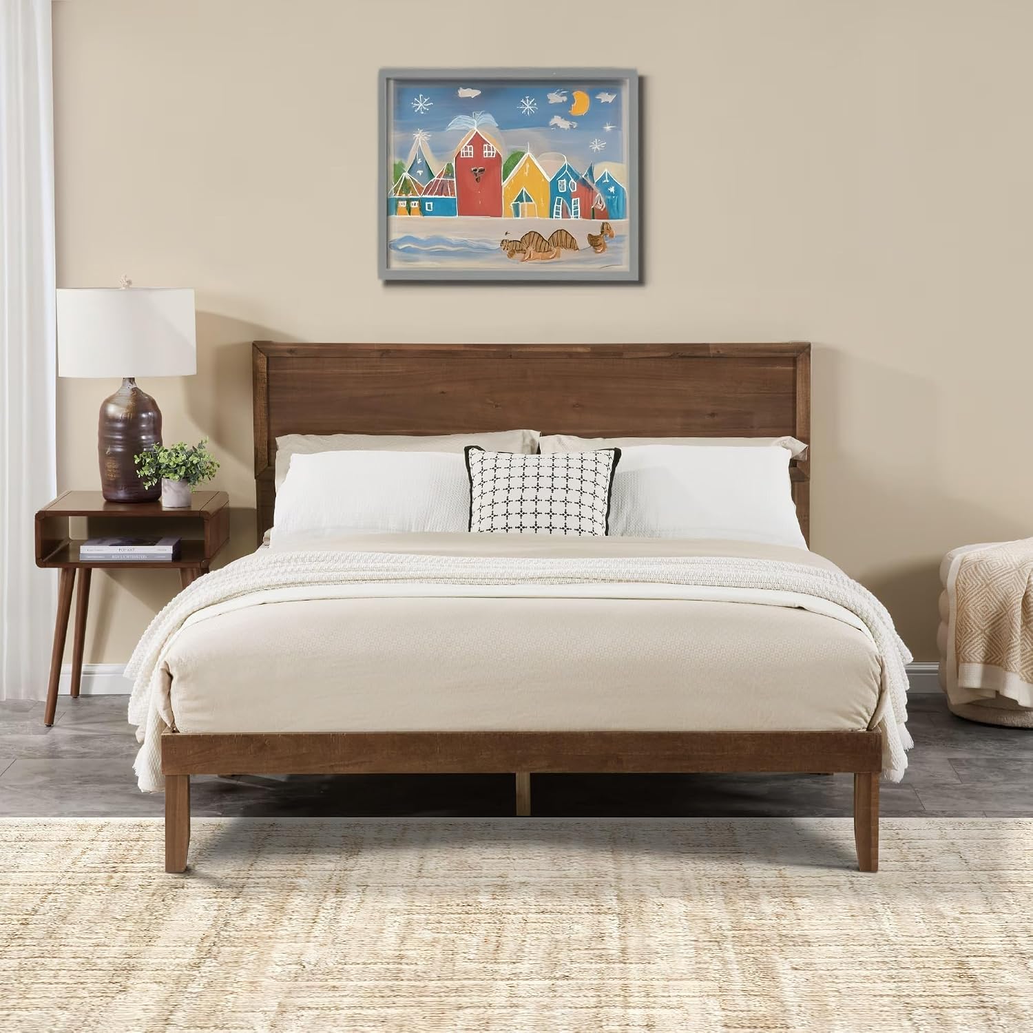 Full Size Solid Wood Platform Bed Frame - Premium Rubber Wood Reinforced Thickened Support, Load-Bearing, Modern Headboard Design, Tool-Free Assembly Bedroom Furniture Set,Brown (Queen)