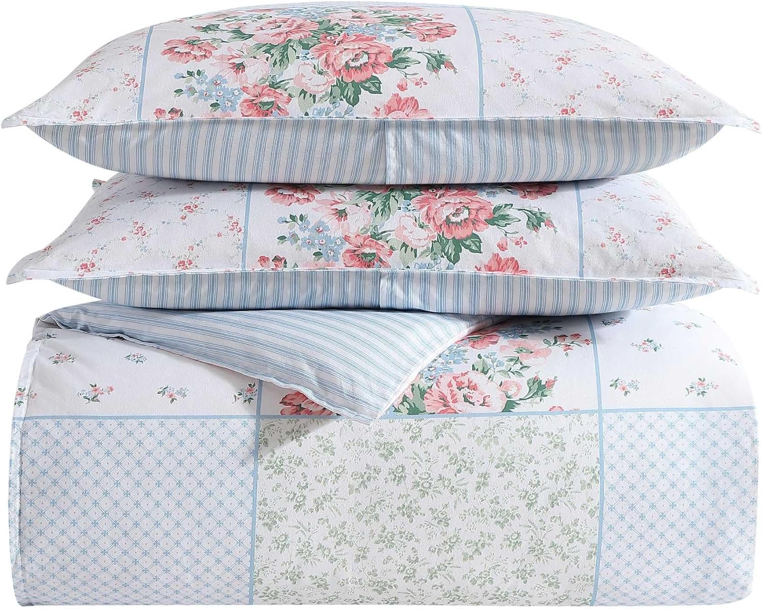 Laura Ashley - Duvet Set, Super Soft & Cozy Bedding, Includes Matching Shams & Bonus Throw Pillow Covers, Coquette Room Decor (Hope Patchwork Blue, King)