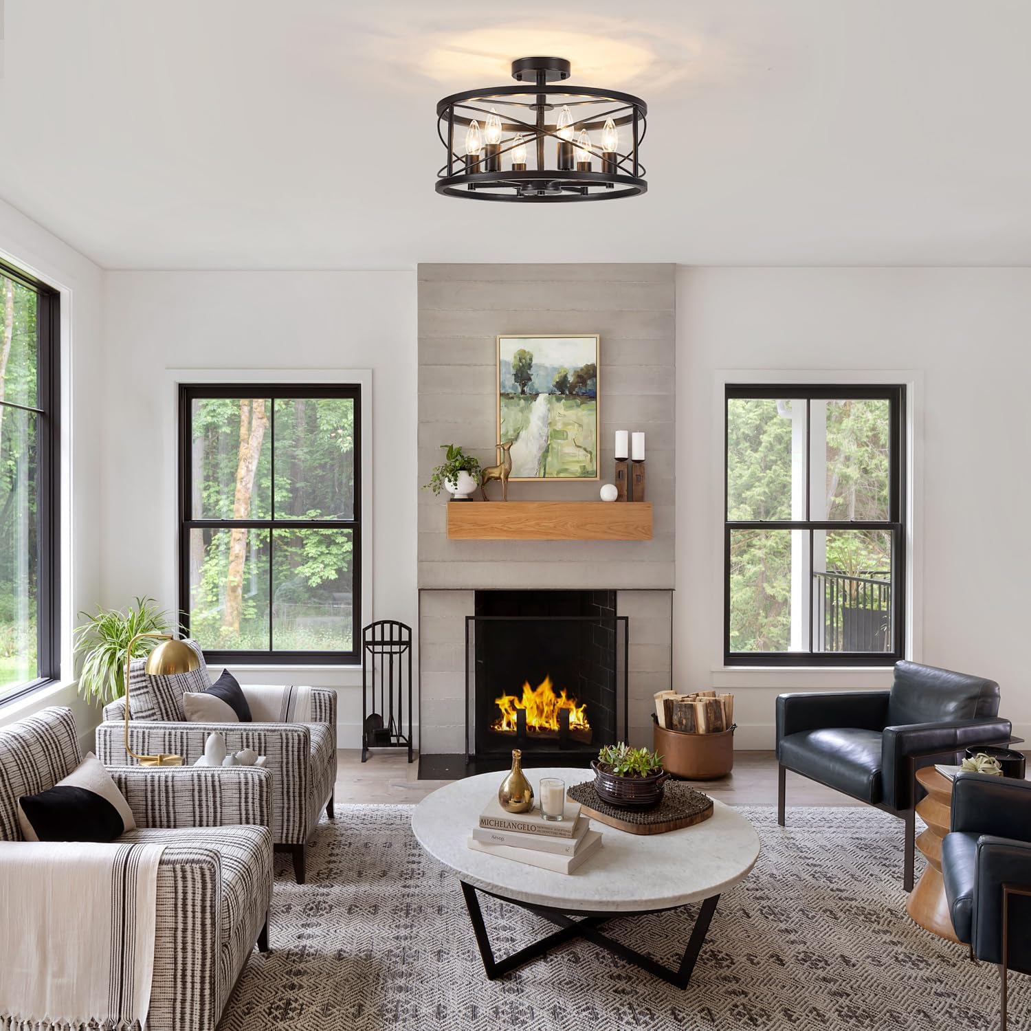 6-Light Black Semi Flush Mount Ceiling Light, 16.53'' Modern Farmhouse Close to Ceiling Light Fixtures, Ceiling Lamp for Hallway Entryway Foyer Dining Room Living Room Bedroom Kitchen Light Fixtures