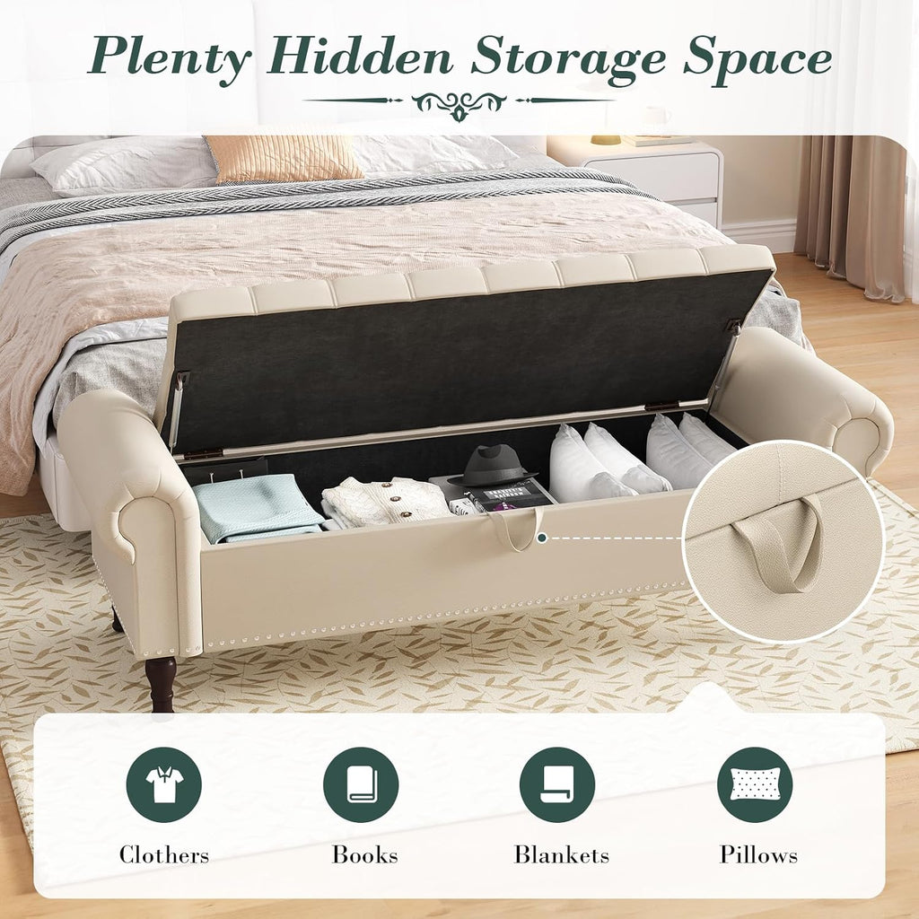 Apicizon 60' Bench with Storage, Faux Leather Ottoman Bench with Rolled Arm & Vintage Rivets, End of Bed Bench for Bedroom, Living Room, Entryway, Beige+Brown Legs
