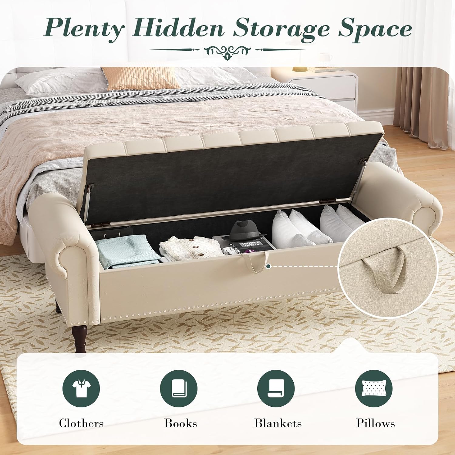 Apicizon 60' Bench with Storage, Faux Leather Ottoman Bench with Rolled Arm & Vintage Rivets, End of Bed Bench for Bedroom, Living Room, Entryway, Beige+Brown Legs