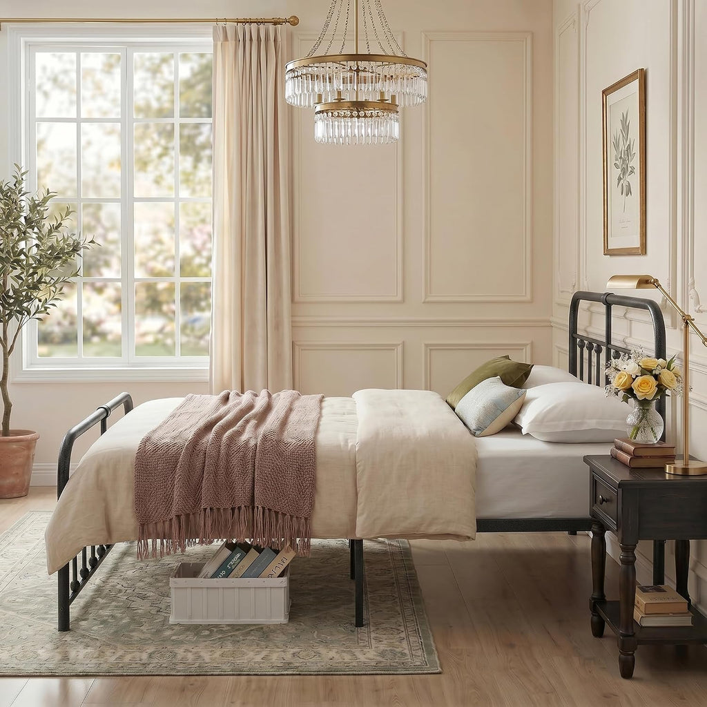 VECELO King Size Victorian Style Metal Bed Frame with Headboard Classic Metal Platform Bed Frame Mattress Foundation with Victorian Style Footboard/Under Bed Storage/No Box Spring Black