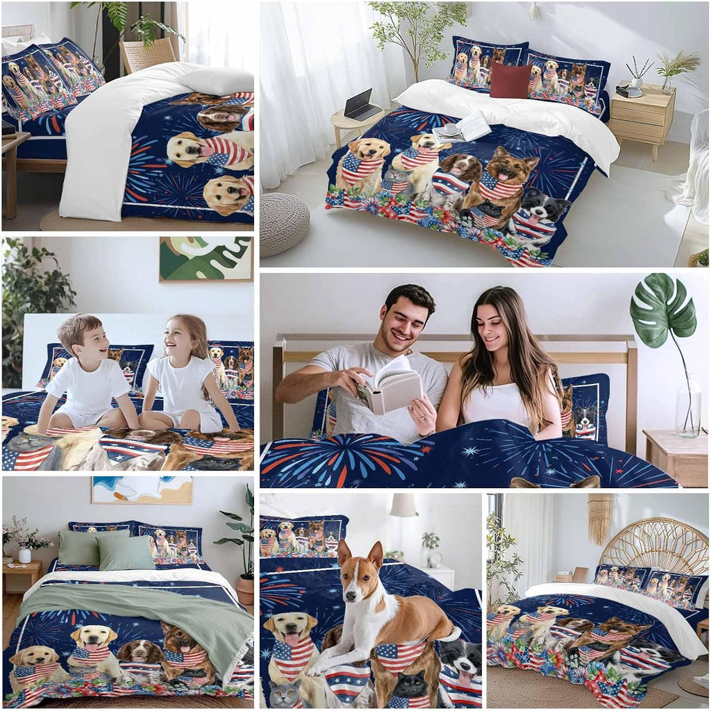 Independence Day Dog Cat Duvet Cover Set Queen 4 Pieces Watercolor Red Blue Stripe Star Flag Firework Blue Bedding Set with Zipper Closure,1 Comforter Cover 92x106 Inch 1 Flat Sheet&2 Pillow Cases