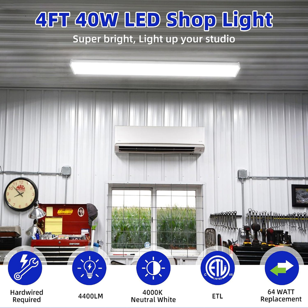 hykolity 4 Pack 4FT 5.7' W LED Wraparound Light 40W Shop Lights for Garage, 2-Lamp 32W Fluorescent Equivalent, 4400lm 4000K, Hardwired, Flushmount Office Ceiling Light Fixture, ETL Listed