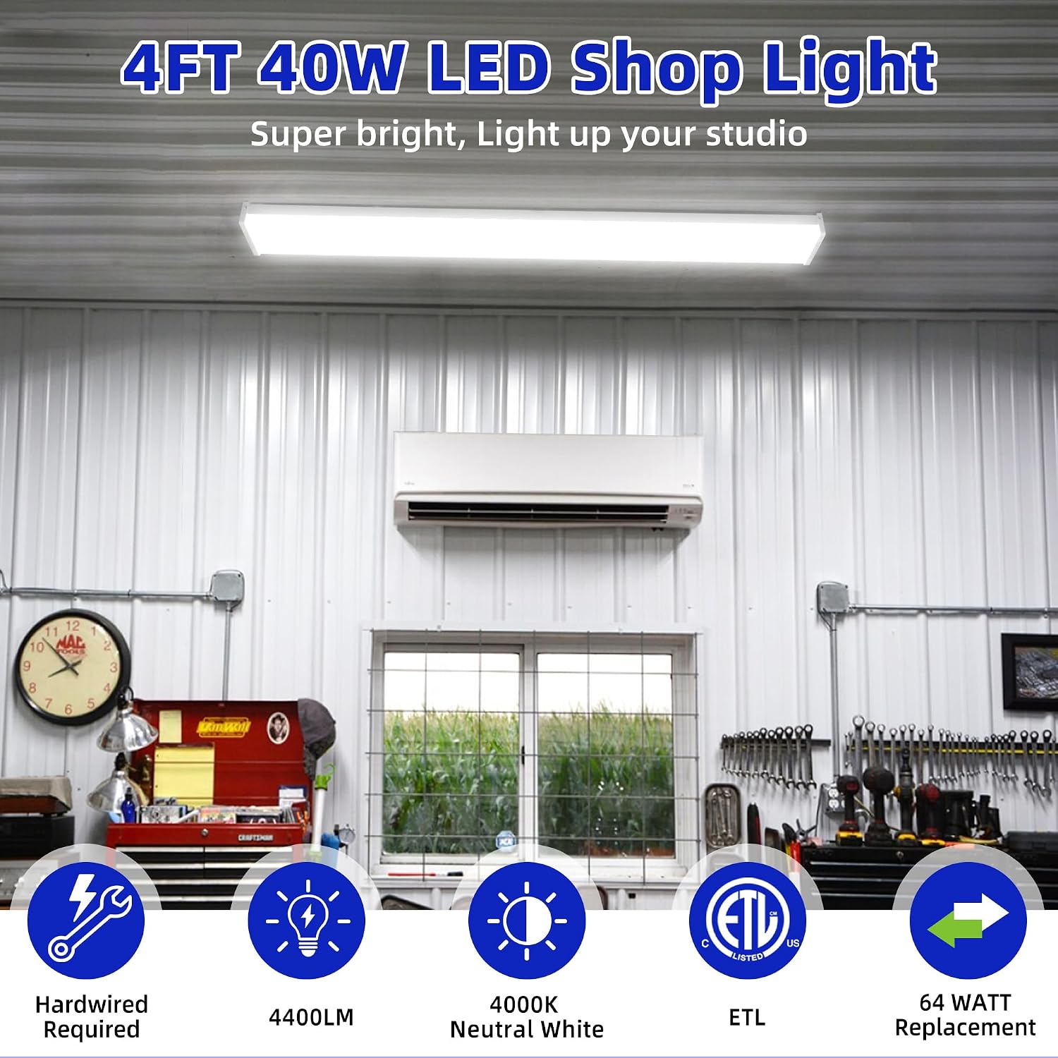 hykolity 4 Pack 4FT 5.7' W LED Wraparound Light 40W Shop Lights for Garage, 2-Lamp 32W Fluorescent Equivalent, 4400lm 4000K, Hardwired, Flushmount Office Ceiling Light Fixture, ETL Listed