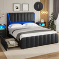 AOGLLATI Full Size Bed Frame with Headboard, 4 Storage Drawers, LED Lights, USB Ports, Wooden Slats Support, No Box Spring Needed