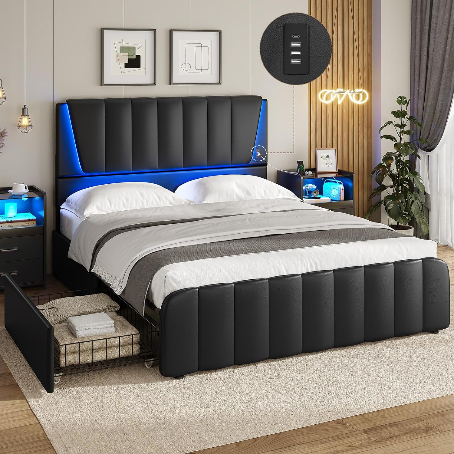 AOGLLATI Full Size Bed Frame with Headboard, 4 Storage Drawers, LED Lights, USB Ports, Wooden Slats Support, No Box Spring Needed